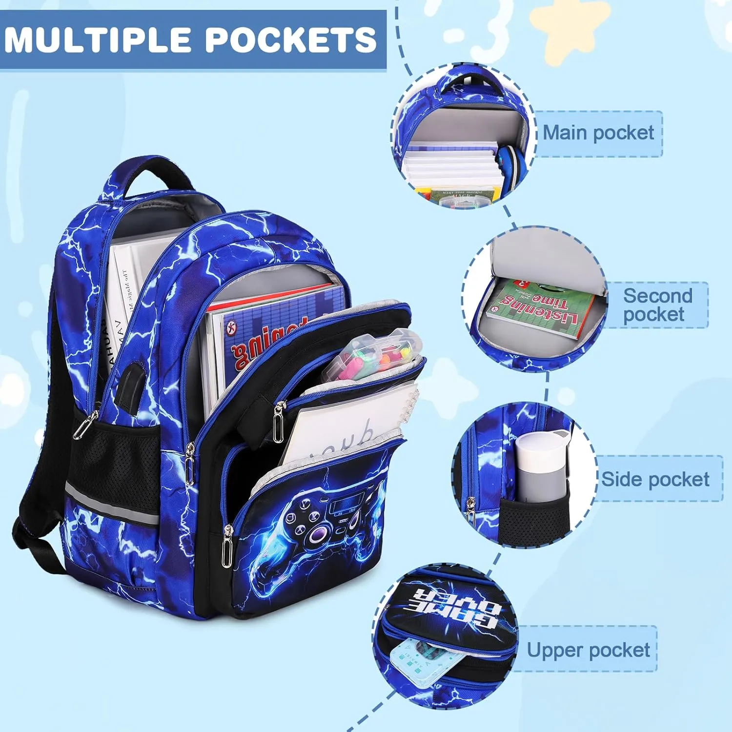 Bevalsa Backpack for Boys, School Bags for Kids, Bookbag for Boys Girls Children Teens Backpacks for Elementary Middle High school Student, Bookbag and Lunch Bag Set with USB Charging Port (Lightning)