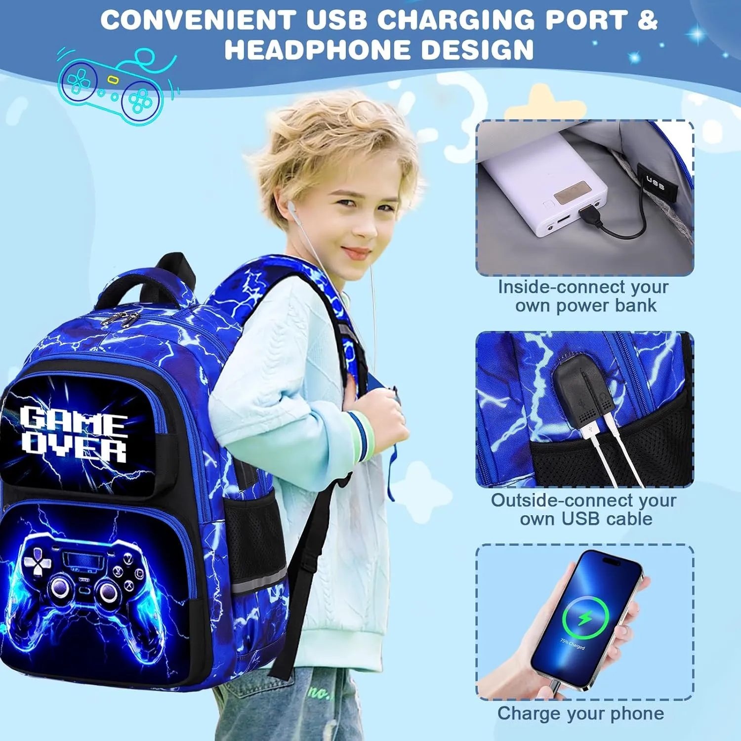 Bevalsa Backpack for Boys, School Bags for Kids, Bookbag for Boys Girls Children Teens Backpacks for Elementary Middle High school Student, Bookbag and Lunch Bag Set with USB Charging Port (Lightning)