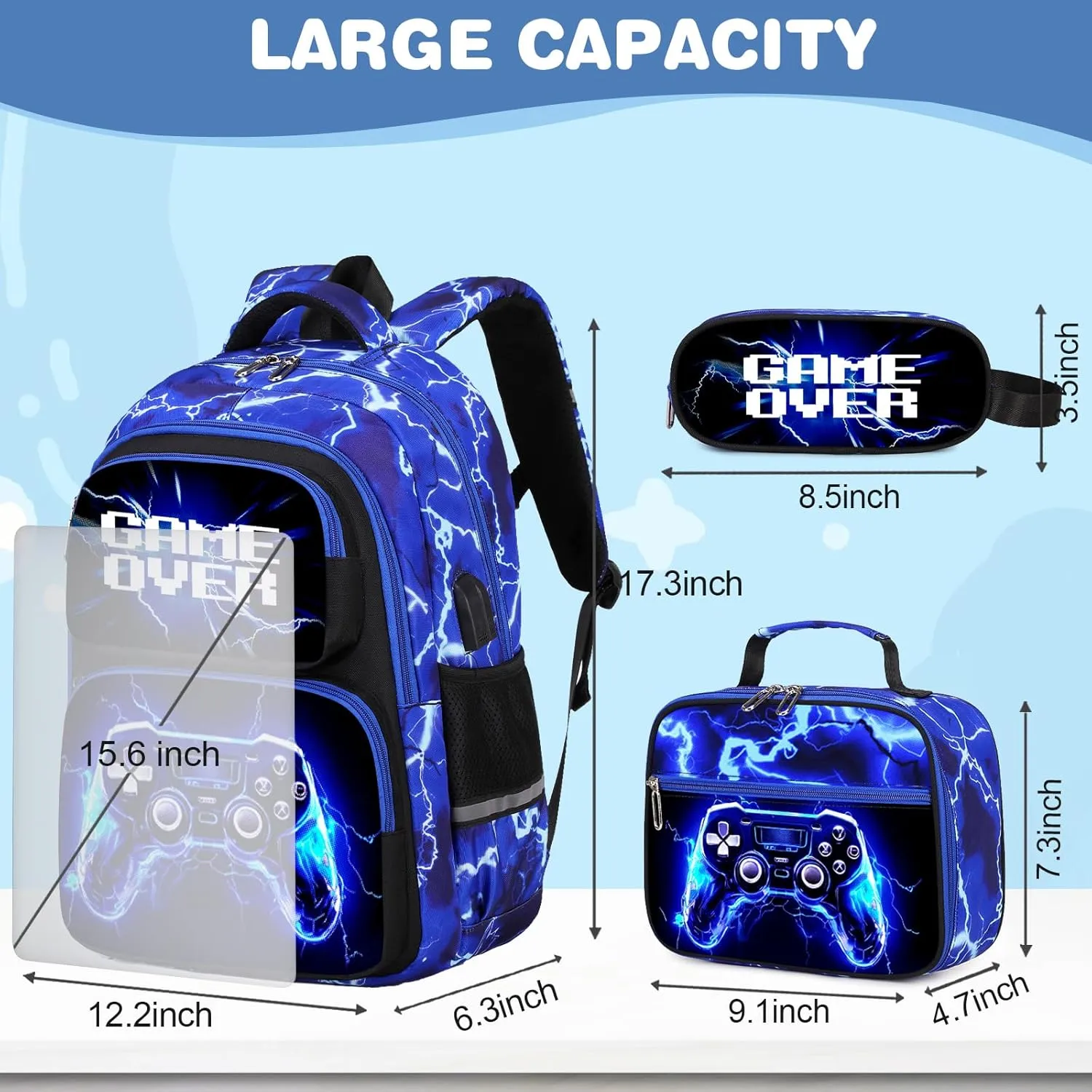 Bevalsa Backpack for Boys, School Bags for Kids, Bookbag for Boys Girls Children Teens Backpacks for Elementary Middle High school Student, Bookbag and Lunch Bag Set with USB Charging Port (Lightning)
