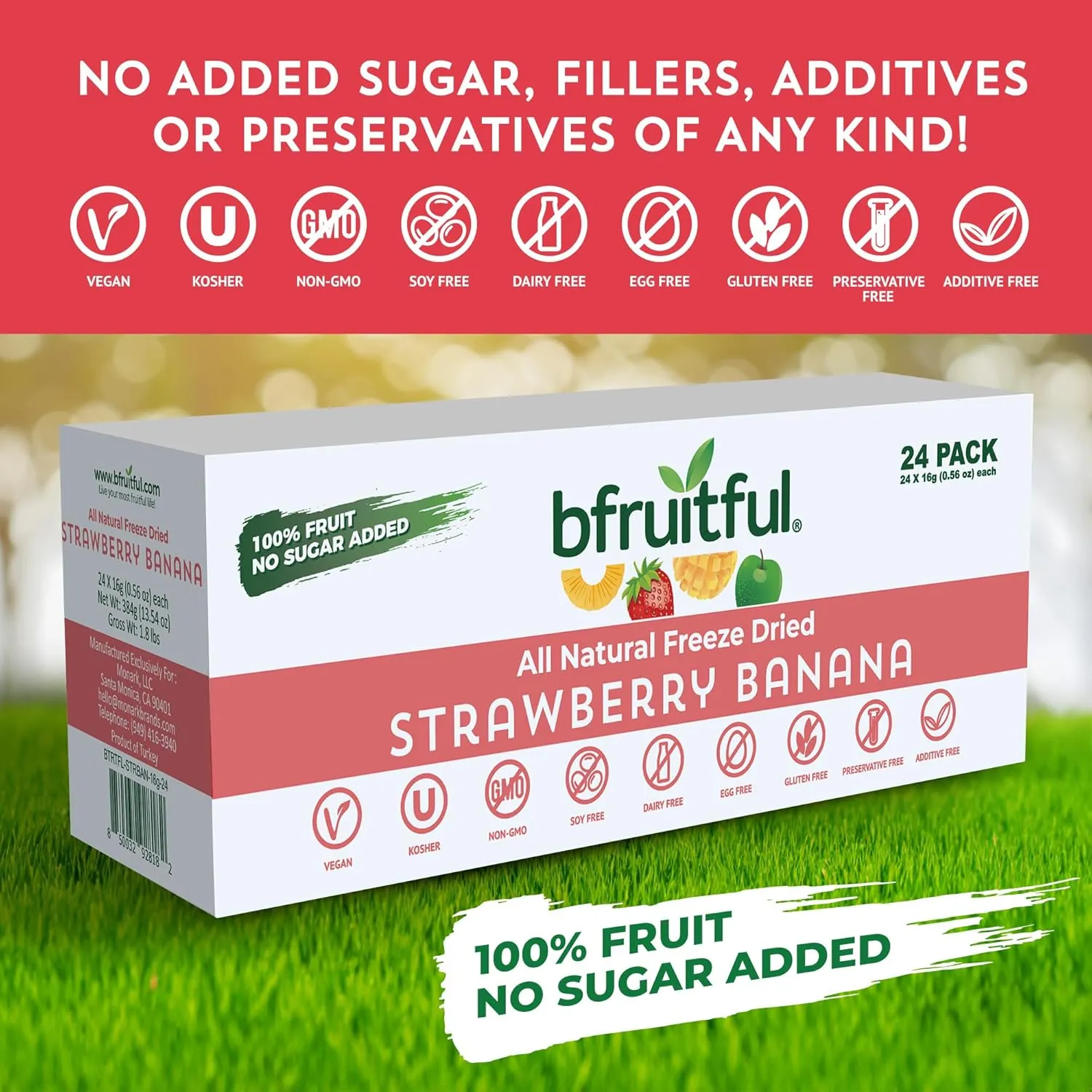 bfruitful Freeze-Dried Strawberry Banana, Freeze Dried Fresh Fruit Bites, Gluten Free, Vegan, Dairy Free, Kosher, No Sugar Added, Non GMO, Healthy Snacks for Kids or Adults, Single-Serve Snack Packets, 24 Pack