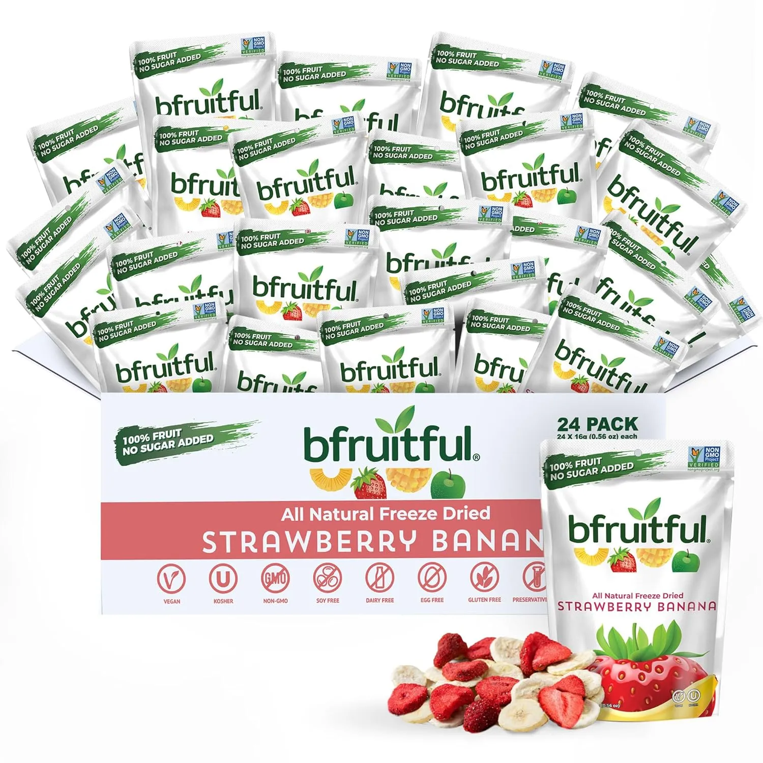 bfruitful Freeze-Dried Strawberry Banana, Freeze Dried Fresh Fruit Bites, Gluten Free, Vegan, Dairy Free, Kosher, No Sugar Added, Non GMO, Healthy Snacks for Kids or Adults, Single-Serve Snack Packets, 24 Pack