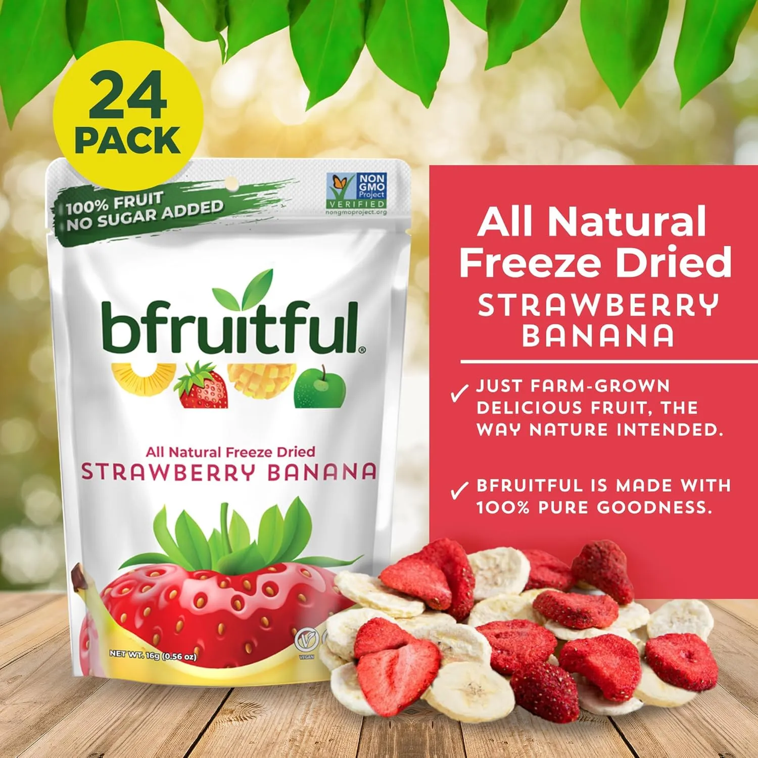bfruitful Freeze-Dried Strawberry Banana, Freeze Dried Fresh Fruit Bites, Gluten Free, Vegan, Dairy Free, Kosher, No Sugar Added, Non GMO, Healthy Snacks for Kids or Adults, Single-Serve Snack Packets, 24 Pack