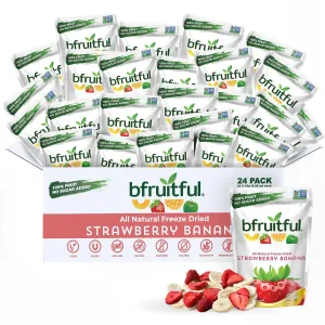 bfruitful Freeze-Dried Strawberry Banana, Freeze Dried Fresh Fruit Bites, Gluten Free, Vegan, Dairy Free, Kosher, No Sugar Added, Non GMO, Healthy Snacks for Kids or Adults, Single-Serve Snack Packets, 24 Pack