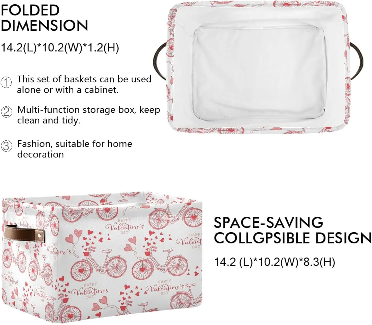 Bicycle Valentine Wordings Hearth Balloons Storage Basket Fabric Kitchen Baskets Storage Bins Boxes Foldable Organizer Bags for Baby Cloth Pet Toys Books Shelf Closet Playroom Laundry Baskets 2