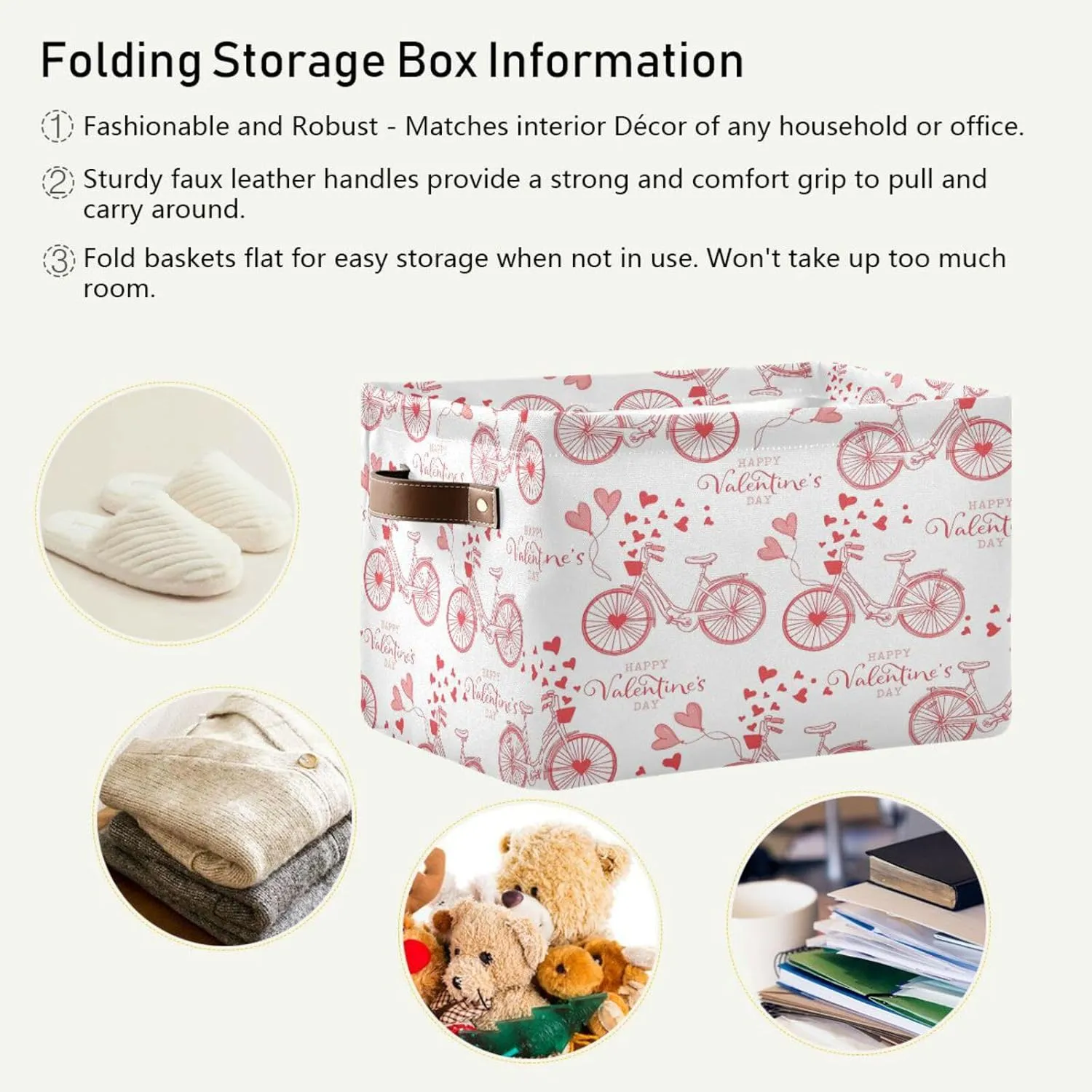 Bicycle Valentine Wordings Hearth Balloons Storage Basket Fabric Kitchen Baskets Storage Bins Boxes Foldable Organizer Bags for Baby Cloth Pet Toys Books Shelf Closet Playroom Laundry Baskets 2