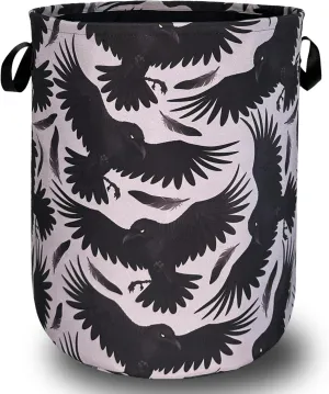 Black Birds With Feathers Laundry Hamper With Handles Foldable Oxford Cloth Goth Style Tote Bag Funny Laundry Basket Clothes Toy Storage Bucket 18.9"x16.5" For Bathroom/Laundry/Bedroom