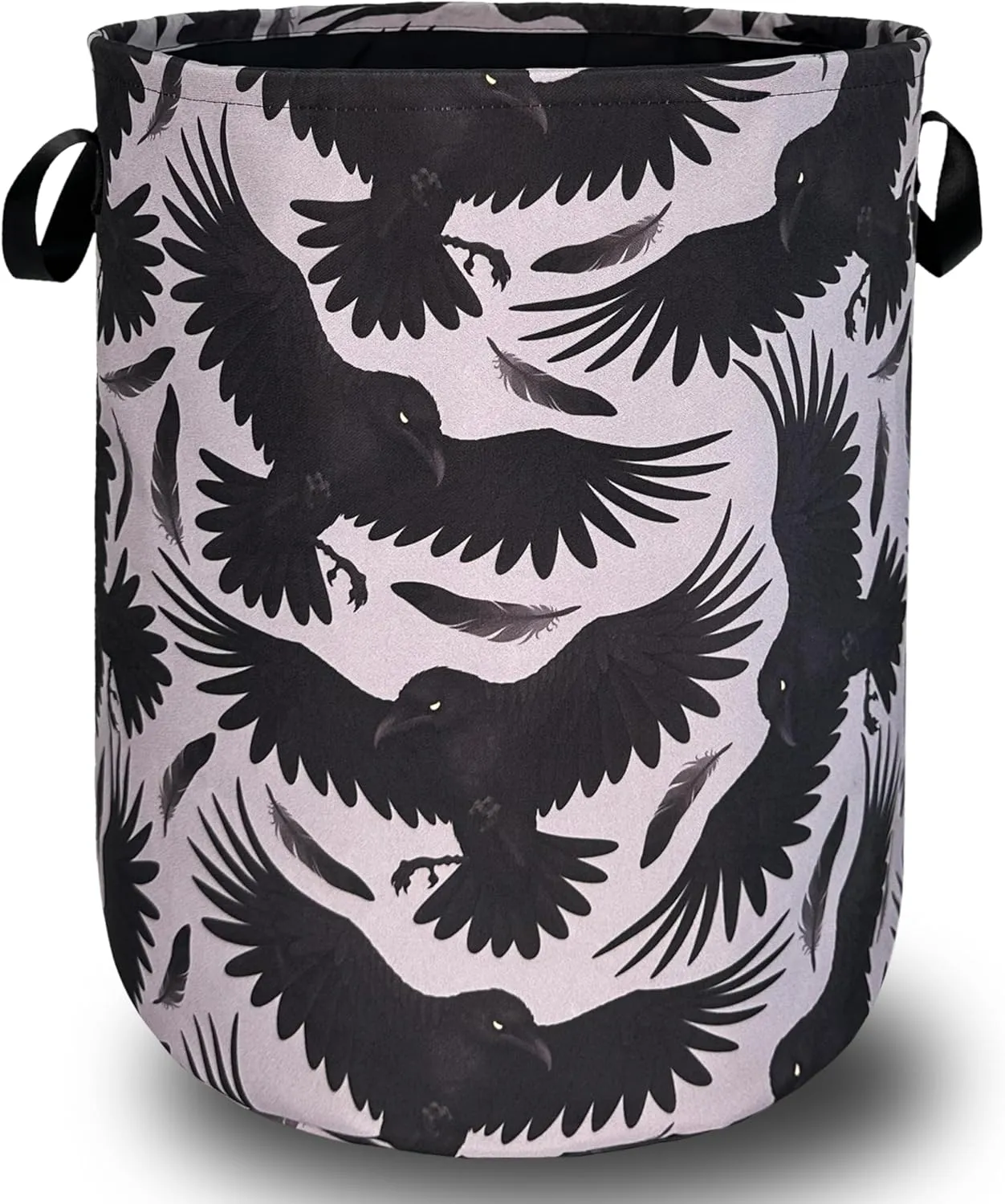 Black Birds With Feathers Laundry Hamper With Handles Foldable Oxford Cloth Goth Style Tote Bag Funny Laundry Basket Clothes Toy Storage Bucket 18.9"x16.5" For Bathroom/Laundry/Bedroom