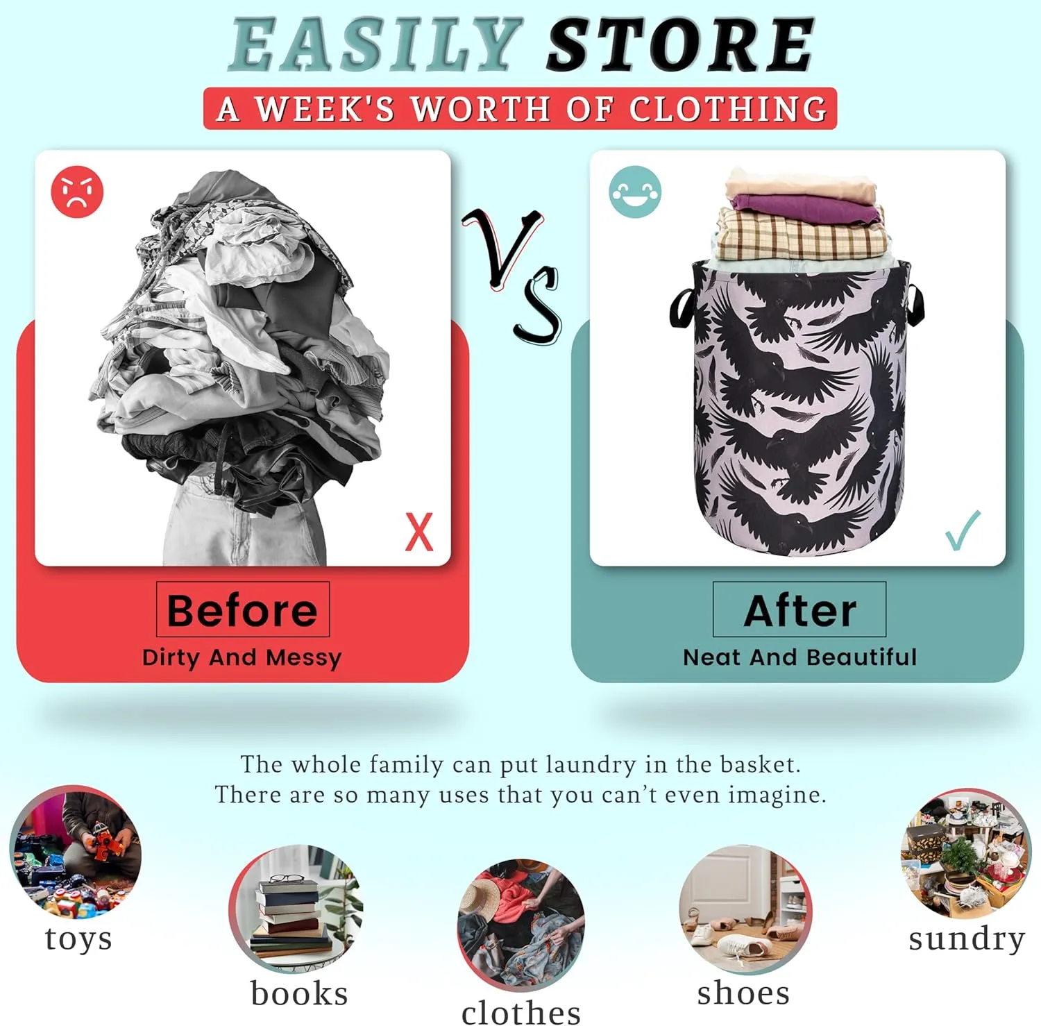 Black Birds With Feathers Laundry Hamper With Handles Foldable Oxford Cloth Goth Style Tote Bag Funny Laundry Basket Clothes Toy Storage Bucket 18.9"x16.5" For Bathroom/Laundry/Bedroom