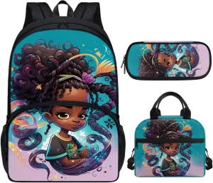 Black Girl Magic Backpack with Lunch Box for Girls Bookbag African Kindergarten School Bag Lunch Bag 8-10 African Backpack Lunchbag Pencil Box