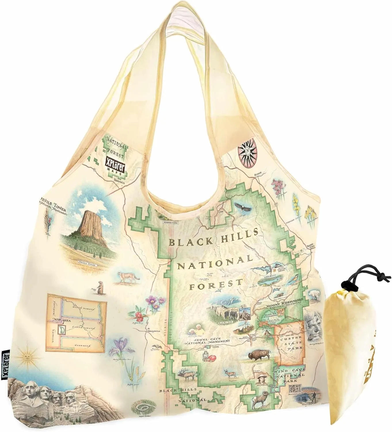 Black Hills National Forest & Devils Tower Map Pouch Tote with Handles – Reusable & Eco-Friendly Grocery Shopping Bag, Foldable & Washable Nylon, Heavy-Duty & Compact, 18"x25"