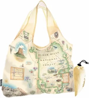 Black Hills National Forest & Devils Tower Map Pouch Tote with Handles – Reusable & Eco-Friendly Grocery Shopping Bag, Foldable & Washable Nylon, Heavy-Duty & Compact, 18"x25"