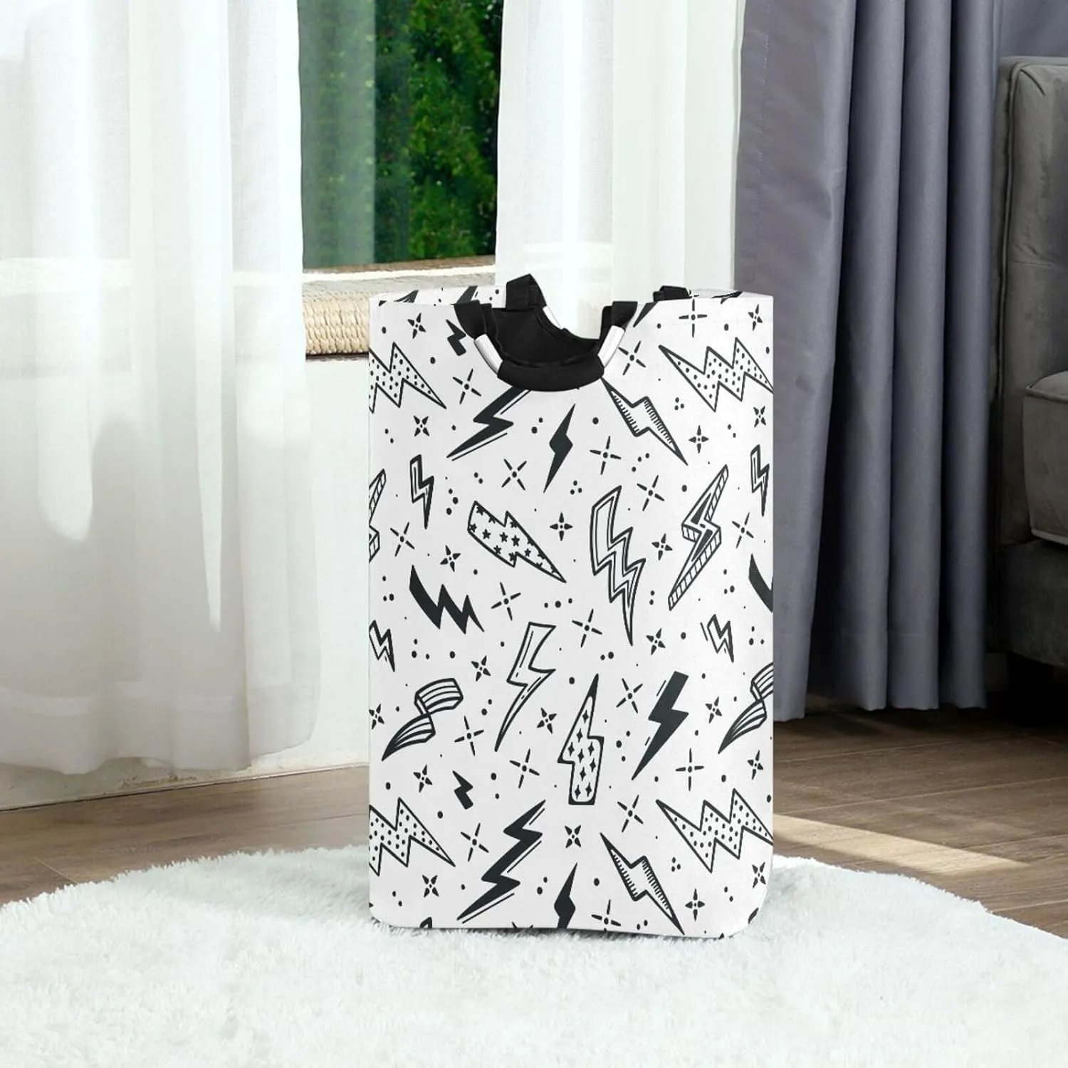 Black White Lightning Bolts Large Laundry Baskets Washing Hamper Bag Flash Energy Thunder Dirty Clothes Storage Bin Toy book Clothing Holder With Handles For Home Bathroom Bedroom 50L