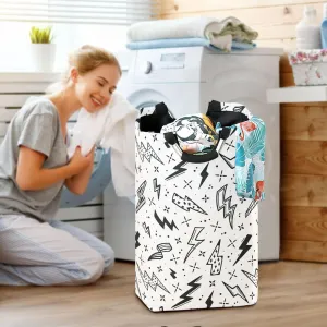 Black White Lightning Bolts Large Laundry Baskets Washing Hamper Bag Flash Energy Thunder Dirty Clothes Storage Bin Toy book Clothing Holder With Handles For Home Bathroom Bedroom 50L