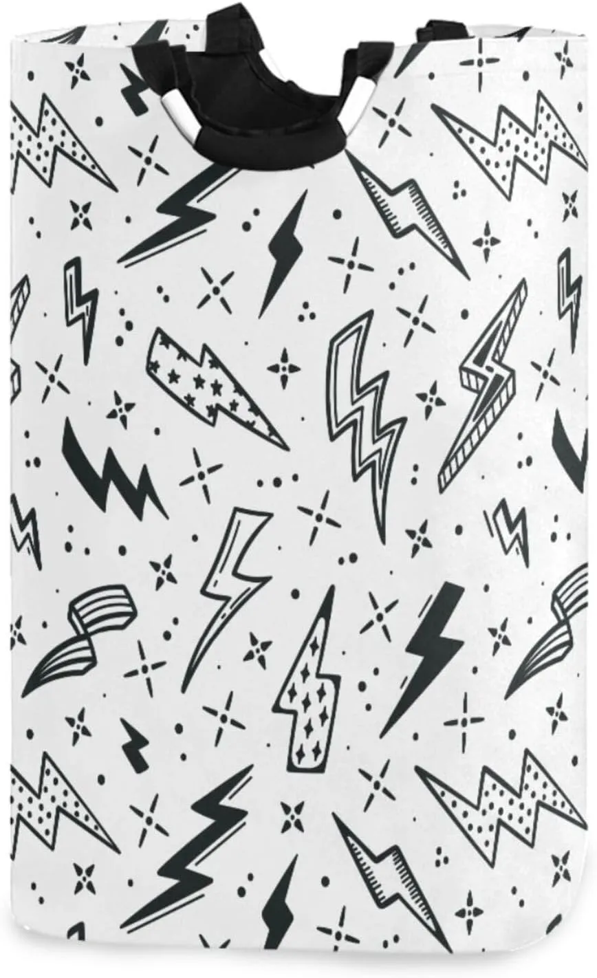 Black White Lightning Bolts Large Laundry Baskets Washing Hamper Bag Flash Energy Thunder Dirty Clothes Storage Bin Toy book Clothing Holder With Handles For Home Bathroom Bedroom 50L