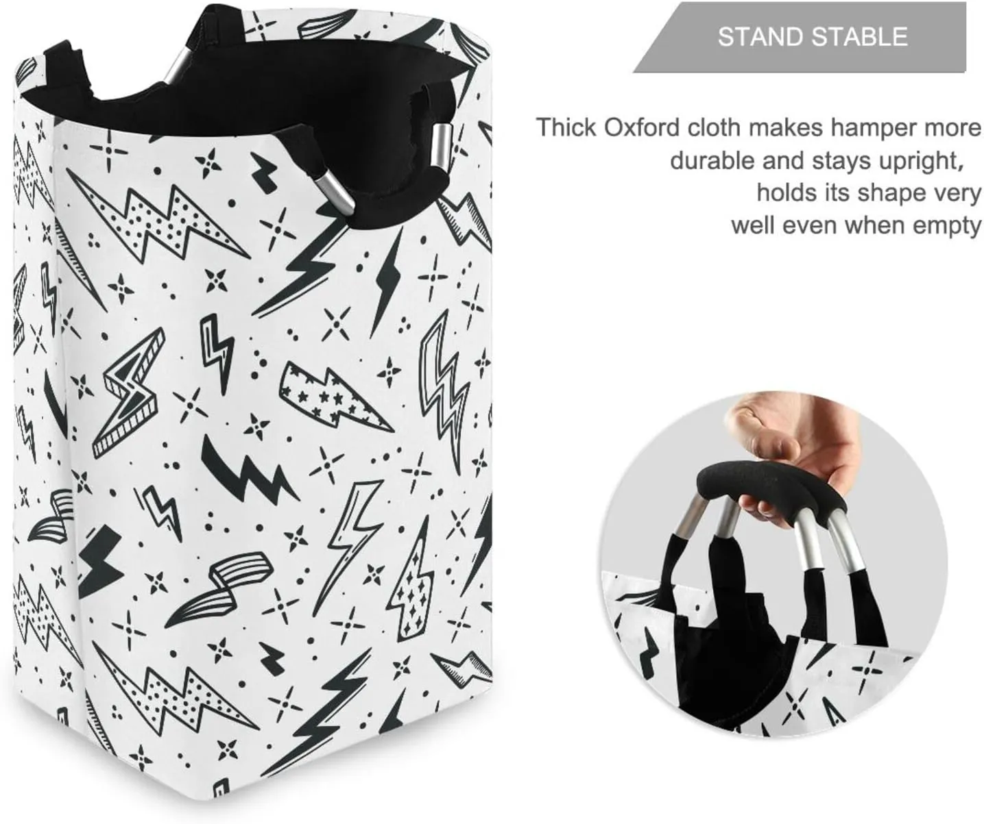 Black White Lightning Bolts Large Laundry Baskets Washing Hamper Bag Flash Energy Thunder Dirty Clothes Storage Bin Toy book Clothing Holder With Handles For Home Bathroom Bedroom 50L