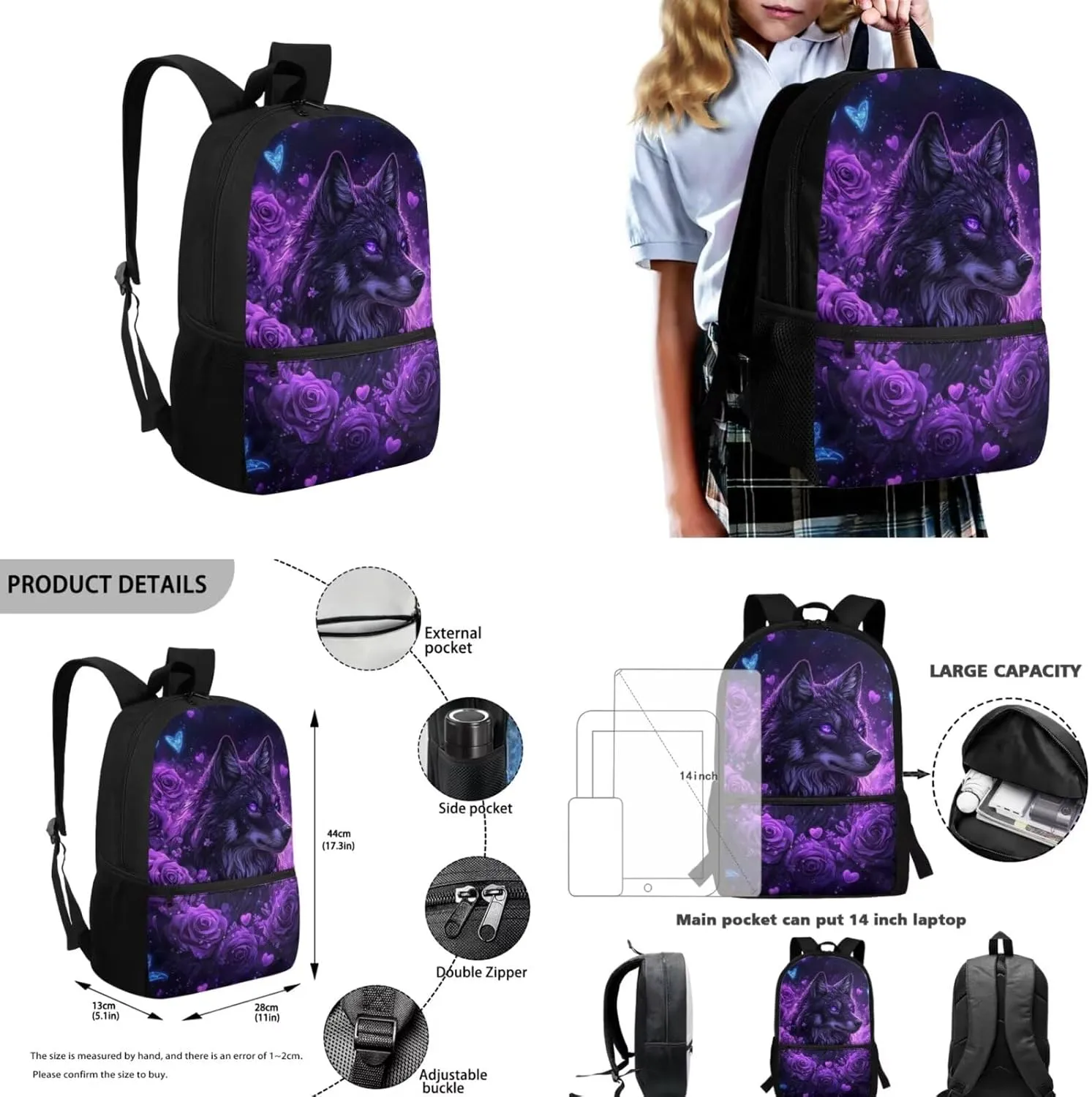 Black Wolf Girls Backpack with Lunch Box Large Capacity Kids Bookbag with Pencil Case Adjustable Lightweight School Bag for Kindergarten, Elementary & Middle School