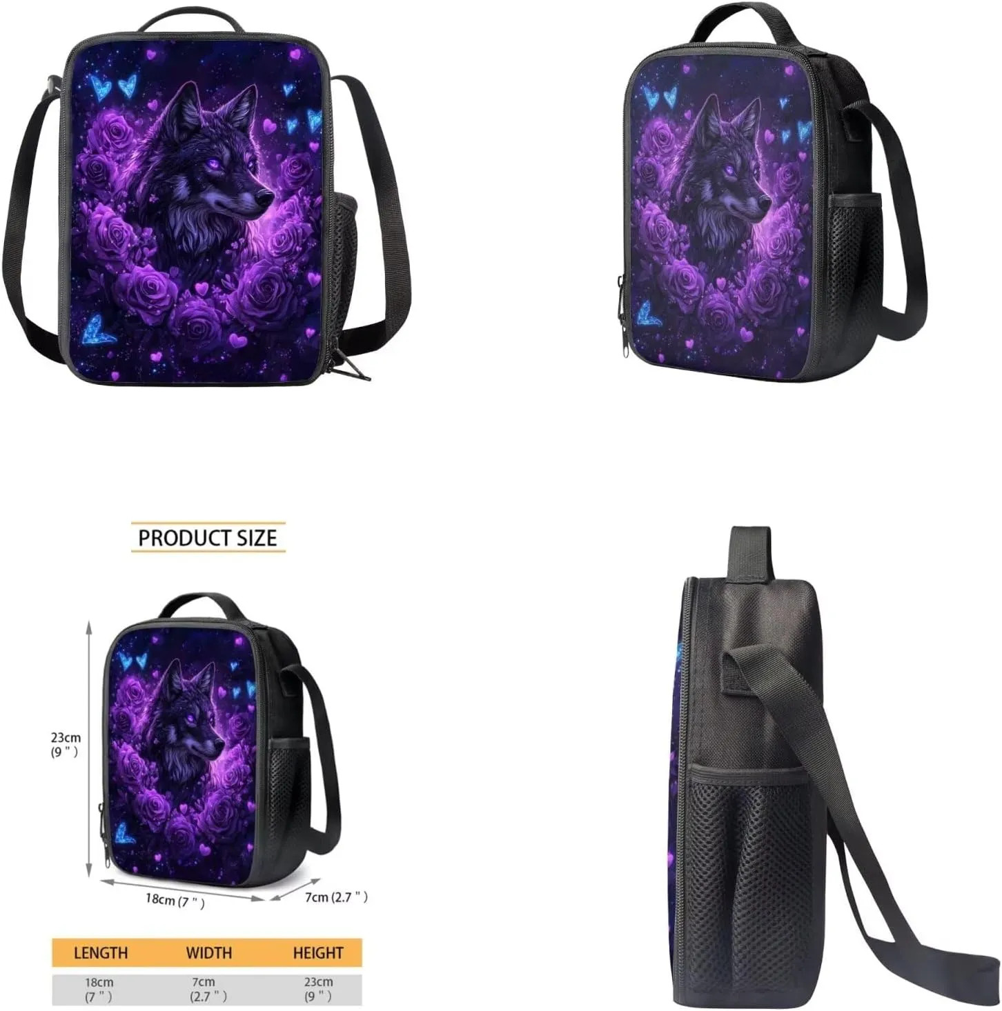 Black Wolf Girls Backpack with Lunch Box Large Capacity Kids Bookbag with Pencil Case Adjustable Lightweight School Bag for Kindergarten, Elementary & Middle School