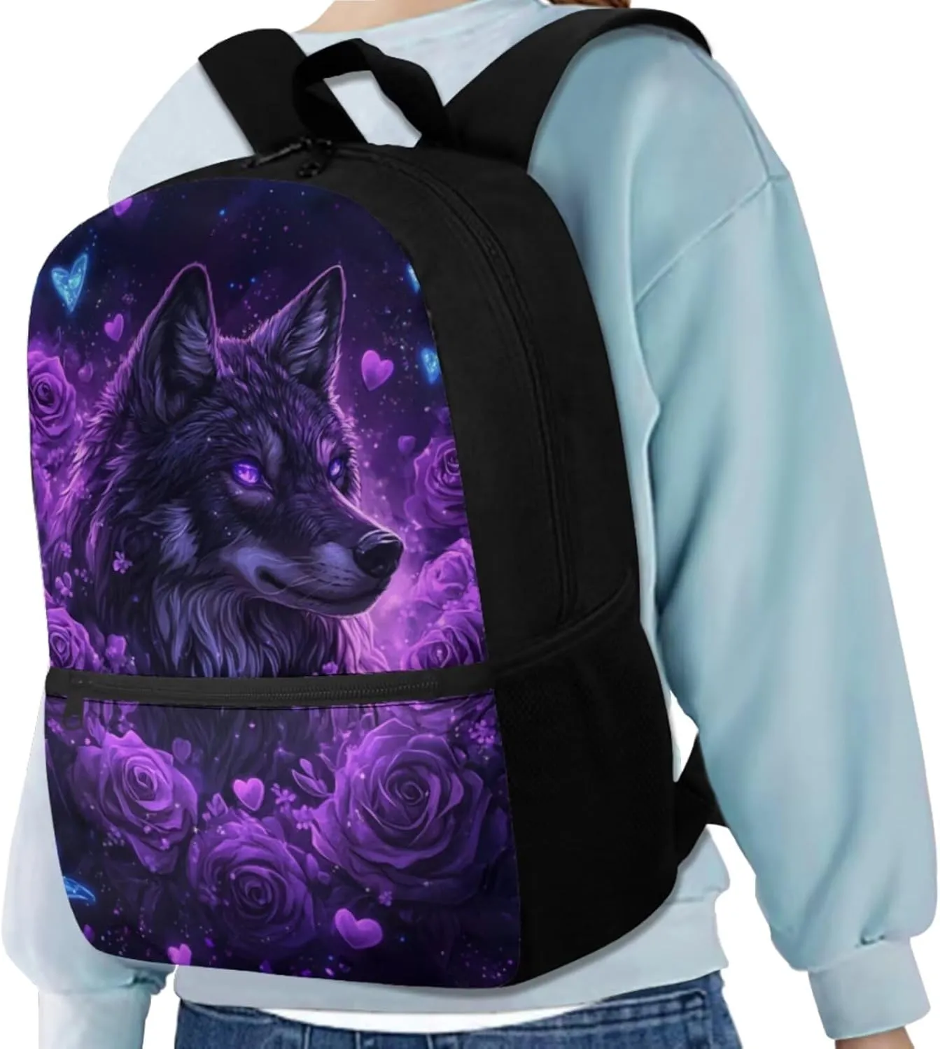 Black Wolf Girls Backpack with Lunch Box Large Capacity Kids Bookbag with Pencil Case Adjustable Lightweight School Bag for Kindergarten, Elementary & Middle School