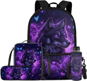 Black Wolf Girls Backpack with Lunch Box Large Capacity Kids Bookbag with Pencil Case Adjustable Lightweight School Bag for Kindergarten, Elementary & Middle School