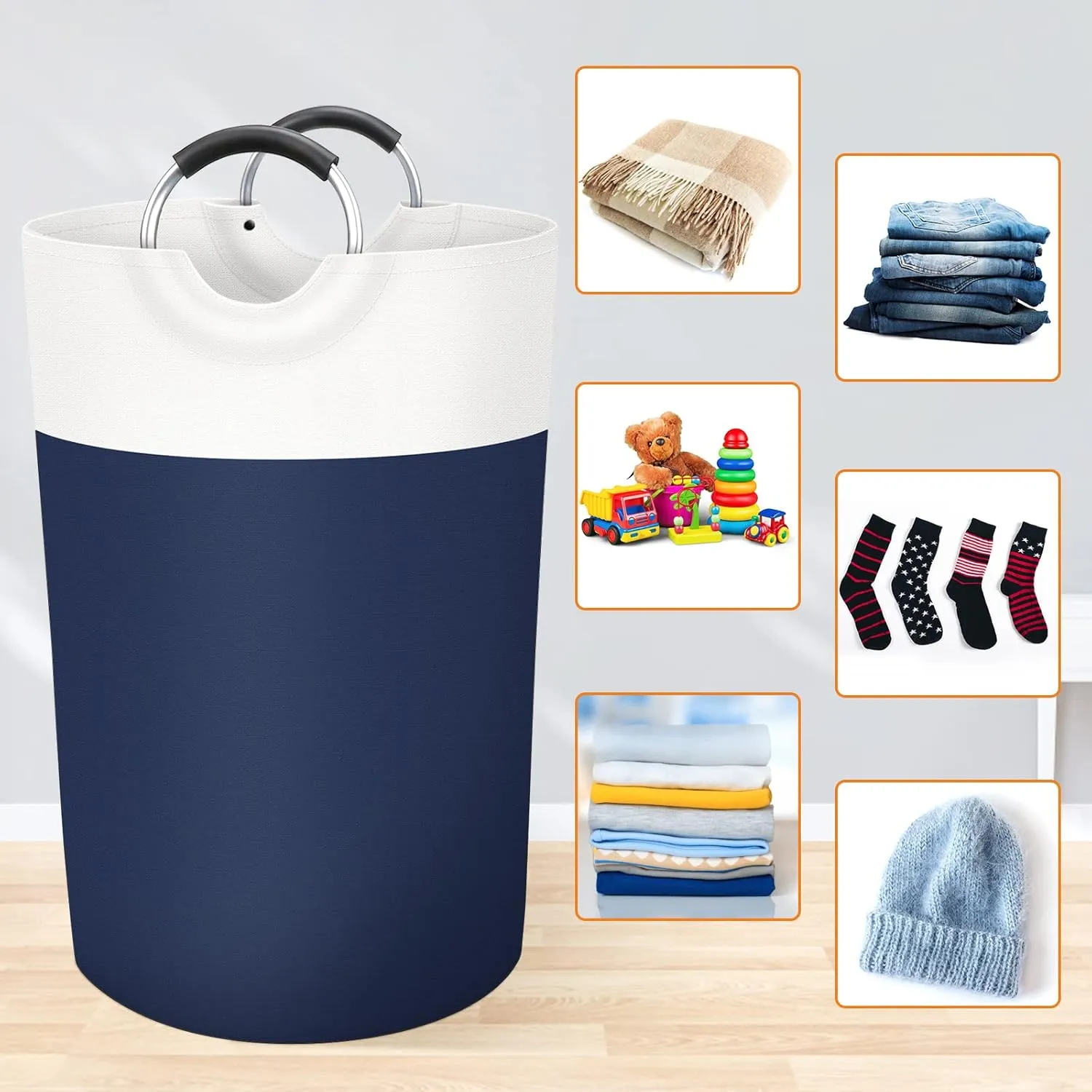 BlissTotes 115L Laundry Basket, Freestanding Laundry Hamper, Collapsible Dirty Clothes Hamper, Waterproof Fabric with Foam Protected Aluminum Handles for College, Dorm, Family (Blue)