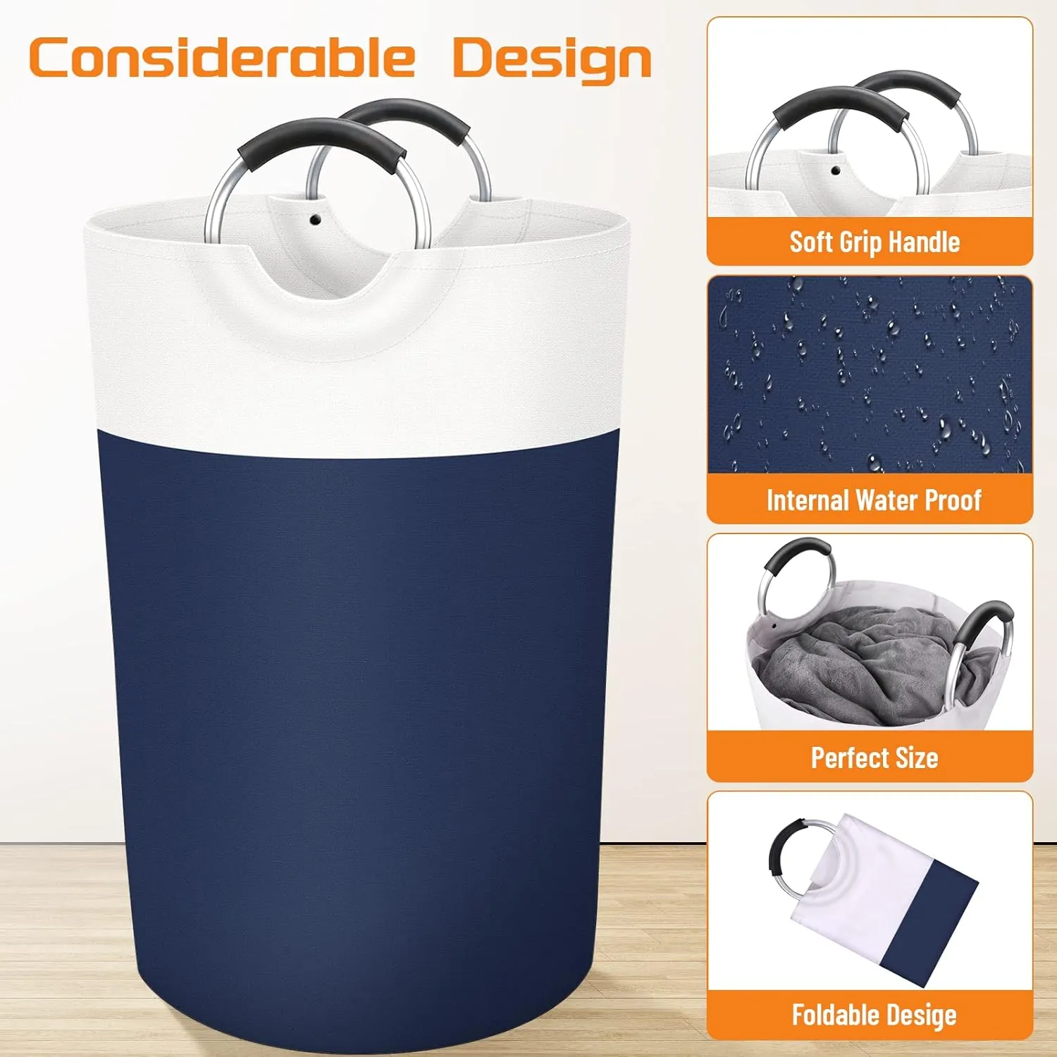 BlissTotes 115L Laundry Basket, Freestanding Laundry Hamper, Collapsible Dirty Clothes Hamper, Waterproof Fabric with Foam Protected Aluminum Handles for College, Dorm, Family (Blue)
