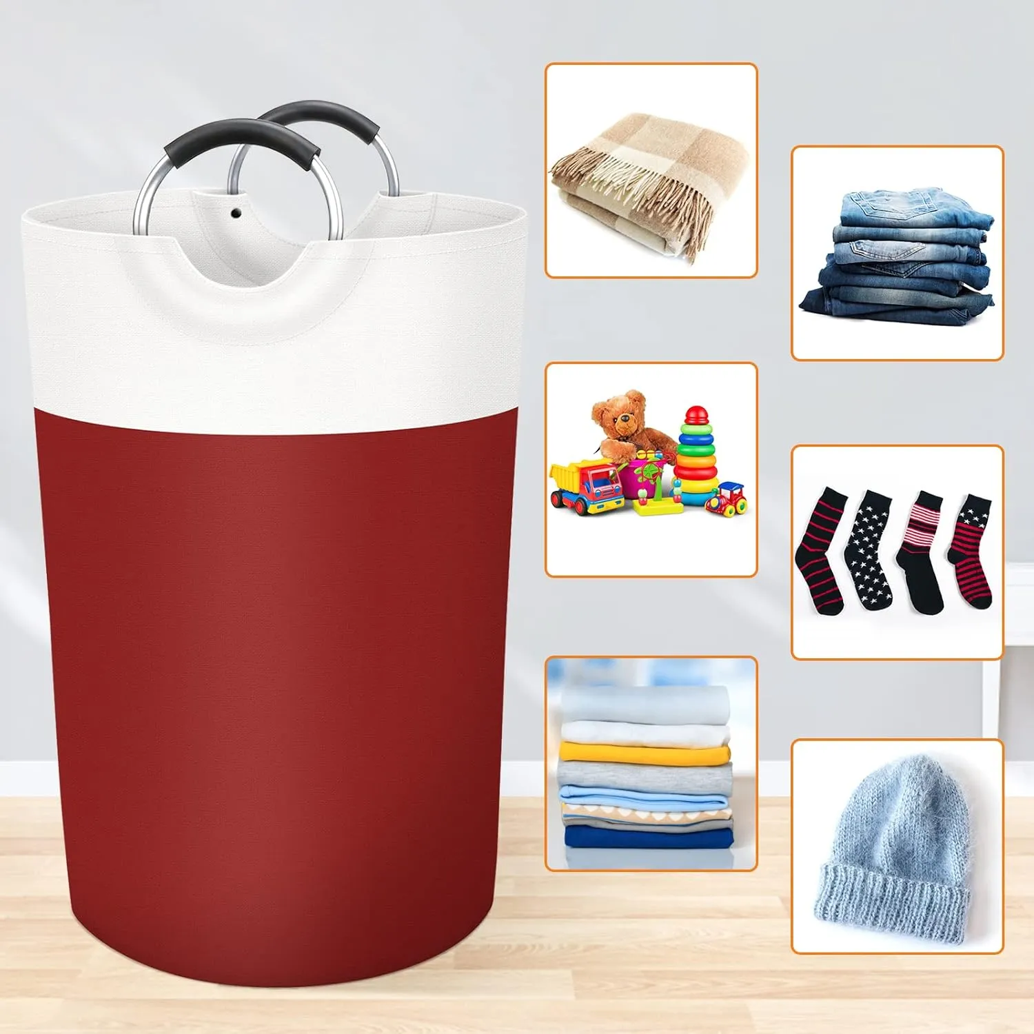 BlissTotes 115L Laundry Basket, Freestanding Laundry Hamper, Collapsible Dirty Clothes Hamper, Waterproof Fabric with Foam Protected Aluminum Handles for College, Dorm, Family (Red)