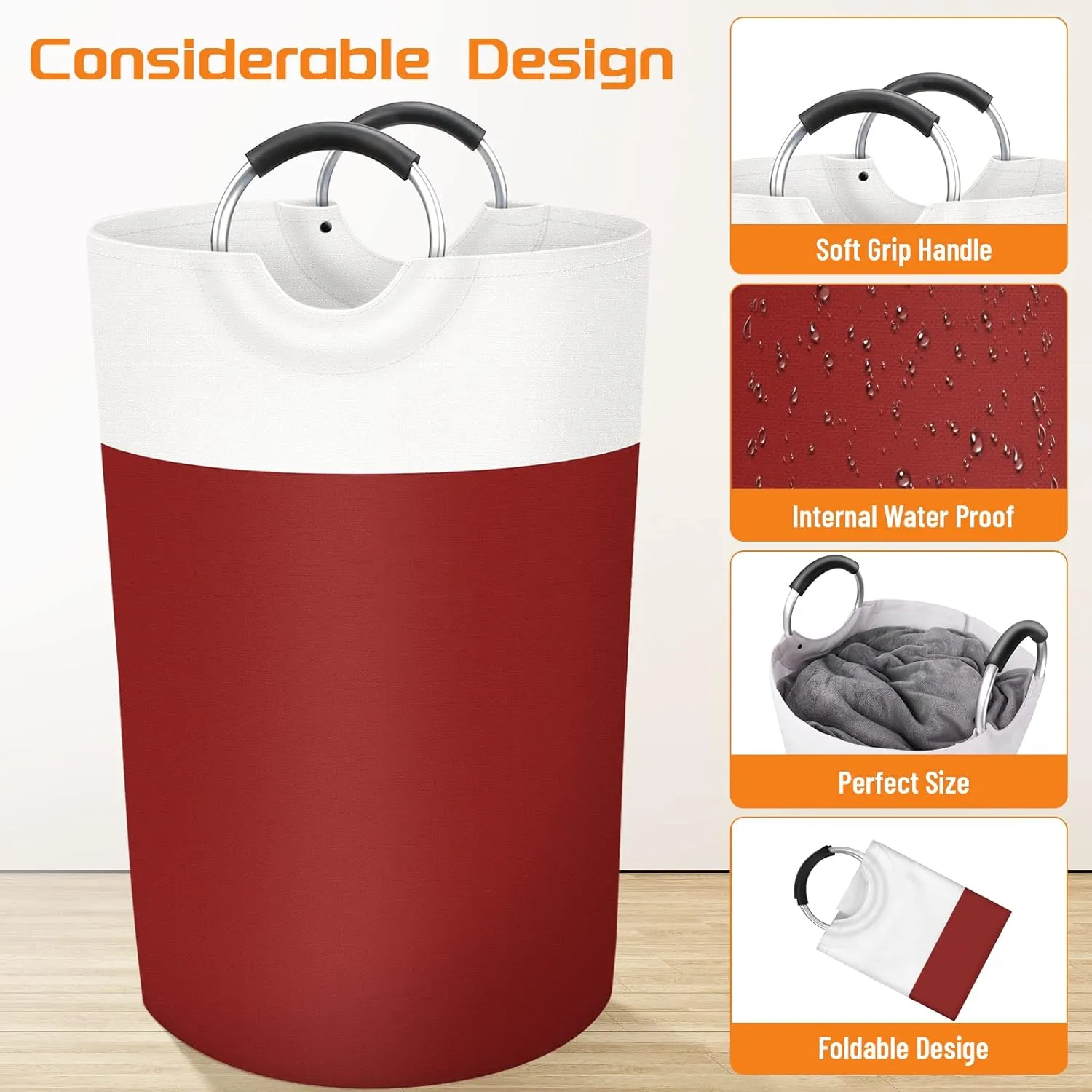 BlissTotes 115L Laundry Basket, Freestanding Laundry Hamper, Collapsible Dirty Clothes Hamper, Waterproof Fabric with Foam Protected Aluminum Handles for College, Dorm, Family (Red)