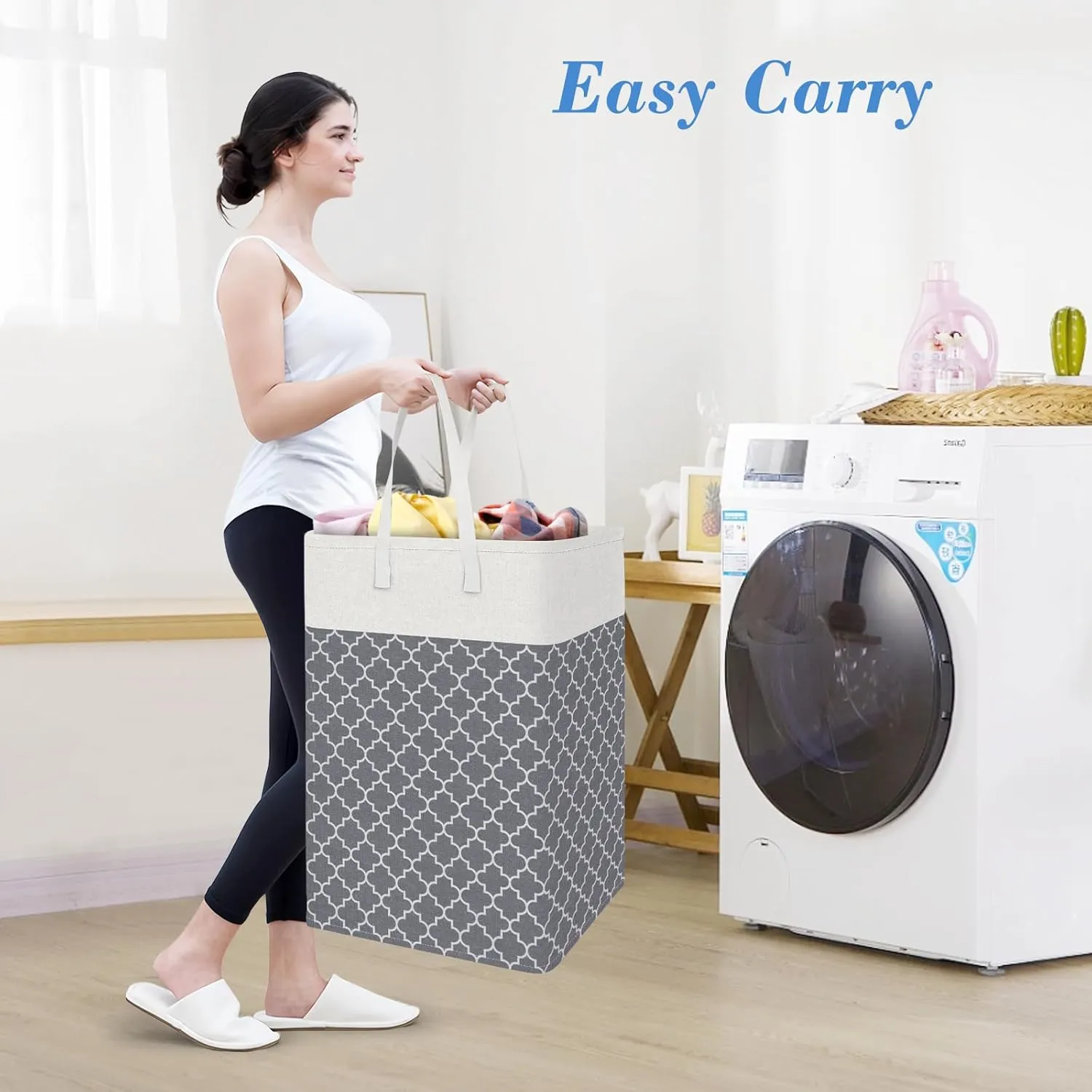 BlissTotes 3-Pack Laundry Basket, Freestanding＆Waterproof Laundry Hamper, Collapsible Tall Clothes Hamper with Easy Carry Handles for Clothes, Towels in the Family and Dorm,Clover Grey,75L