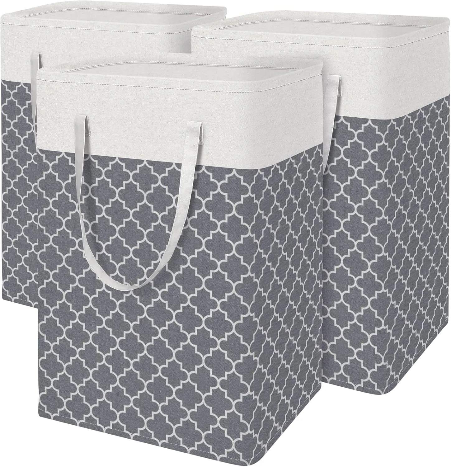 BlissTotes 3-Pack Laundry Basket, Freestanding＆Waterproof Laundry Hamper, Collapsible Tall Clothes Hamper with Easy Carry Handles for Clothes, Towels in the Family and Dorm,Clover Grey,75L