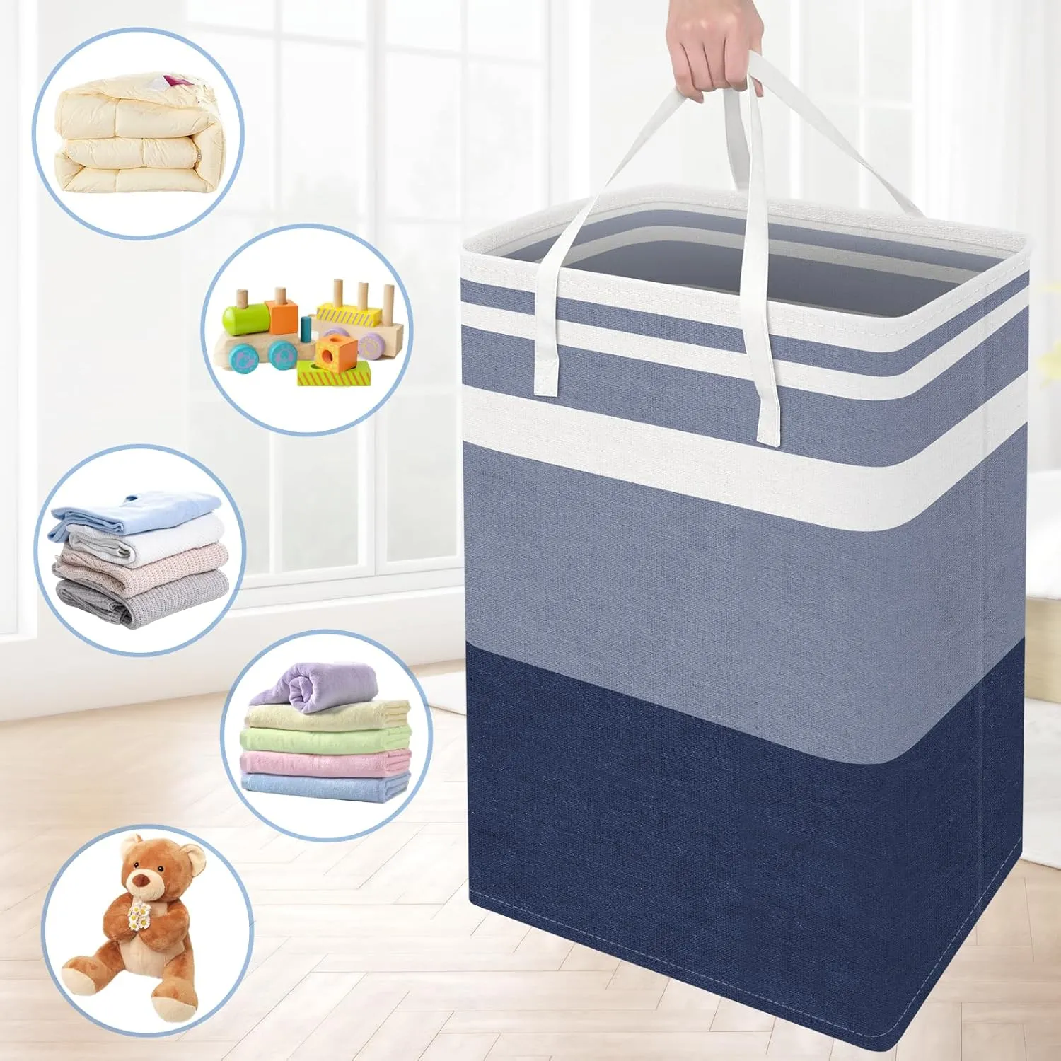BlissTotes 3-Pack Laundry Basket, Freestanding＆Waterproof Laundry Hamper, Collapsible Tall Clothes Hamper with Easy Carry Handles for Clothes, Towels in the Family and Dorm,Gradient Blue,75L