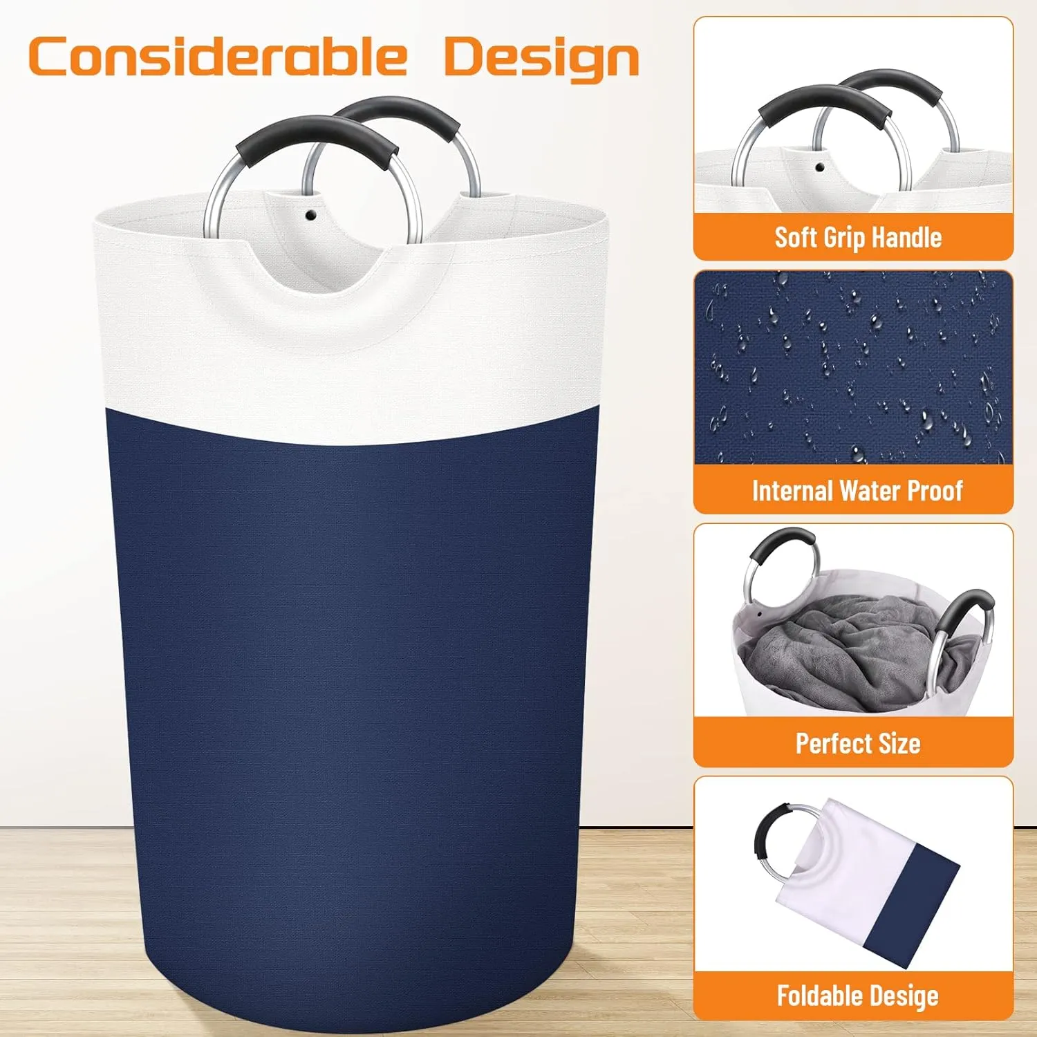BlissTotes 90L Laundry Basket, Freestanding Laundry Hamper, Collapsible Dirty Clothes Hamper, Waterproof Fabric with Foam Protected Aluminum Handles for College, Dorm, Family (Blue)