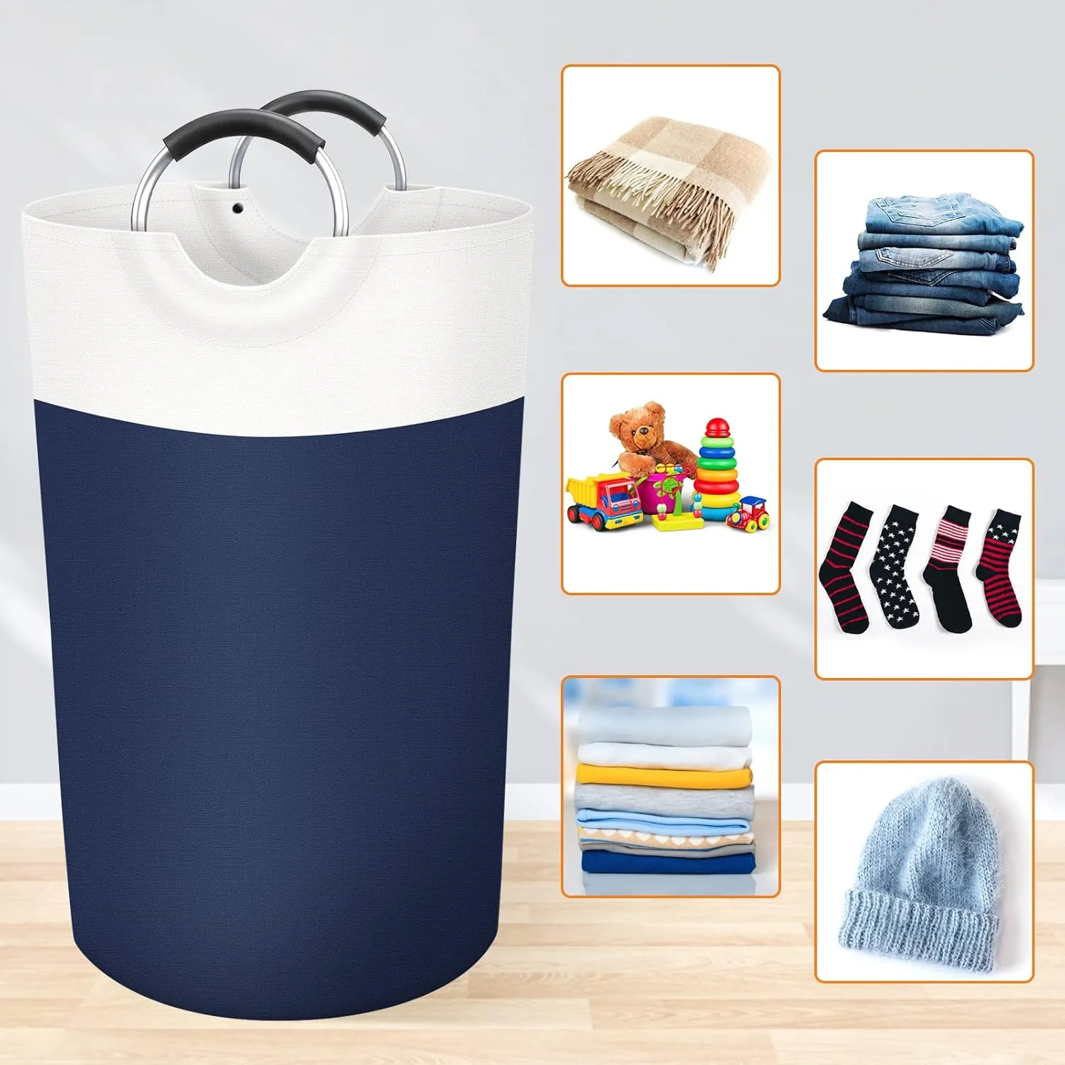 BlissTotes 90L Laundry Basket, Freestanding Laundry Hamper, Collapsible Dirty Clothes Hamper, Waterproof Fabric with Foam Protected Aluminum Handles for College, Dorm, Family (Blue)