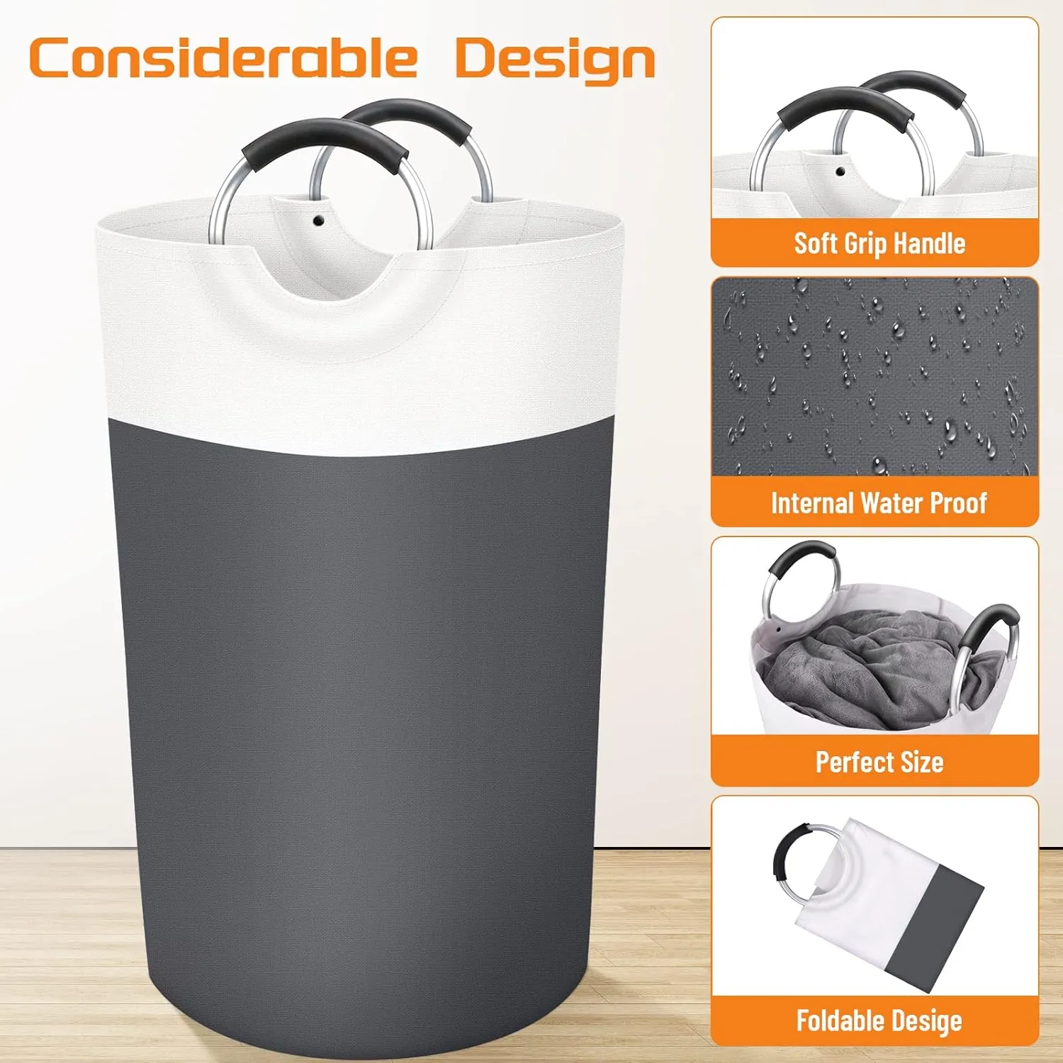 BlissTotes Laundry Basket, Laundry Hamper, Collapsible Laundry Baskets, Dirty Clothes Hamper, Waterproof Laundry Basket with Foam Protected Aluminum Handles for College Dorm, Family 90L (Grey)