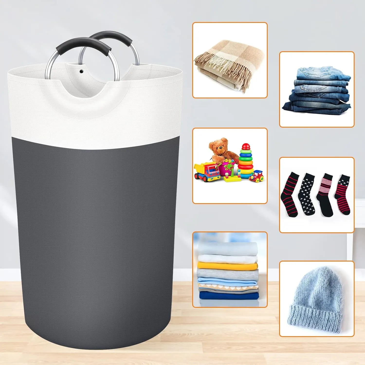 BlissTotes Laundry Basket, Laundry Hamper, Collapsible Laundry Baskets, Dirty Clothes Hamper, Waterproof Laundry Basket with Foam Protected Aluminum Handles for College Dorm, Family 90L (Grey)