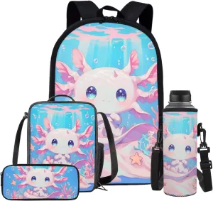 Blue Axolotl Bookbag and Lunch Box for Girls 2nd 3rd Grade Cute Backpack for Kids with Lunchbox Pencil Case Salamander School Bag and Lunch Bag for 6-8 Years Old, Set of 4