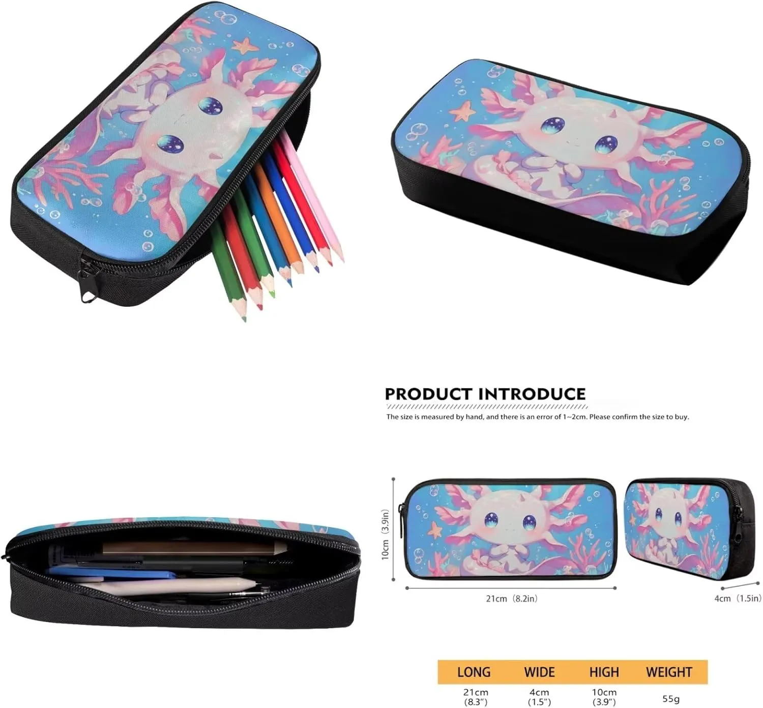Blue Axolotl Bookbag and Lunch Box for Girls 2nd 3rd Grade Cute Backpack for Kids with Lunchbox Pencil Case Salamander School Bag and Lunch Bag for 6-8 Years Old, Set of 4