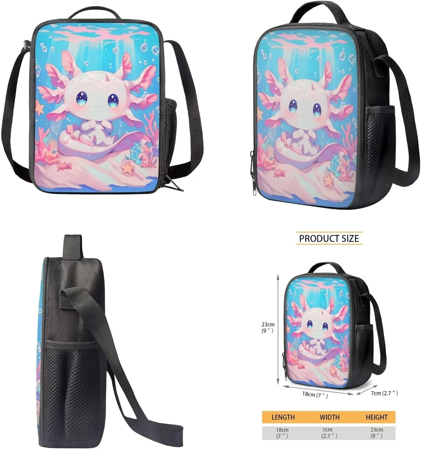 Blue Axolotl Bookbag and Lunch Box for Girls 2nd 3rd Grade Cute Backpack for Kids with Lunchbox Pencil Case Salamander School Bag and Lunch Bag for 6-8 Years Old, Set of 4