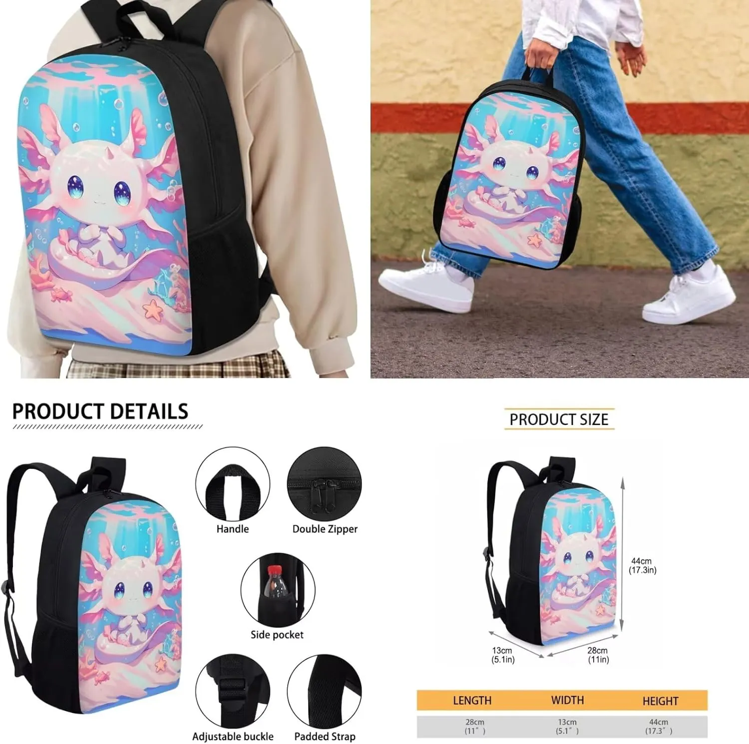 Blue Axolotl Bookbag and Lunch Box for Girls 2nd 3rd Grade Cute Backpack for Kids with Lunchbox Pencil Case Salamander School Bag and Lunch Bag for 6-8 Years Old, Set of 4
