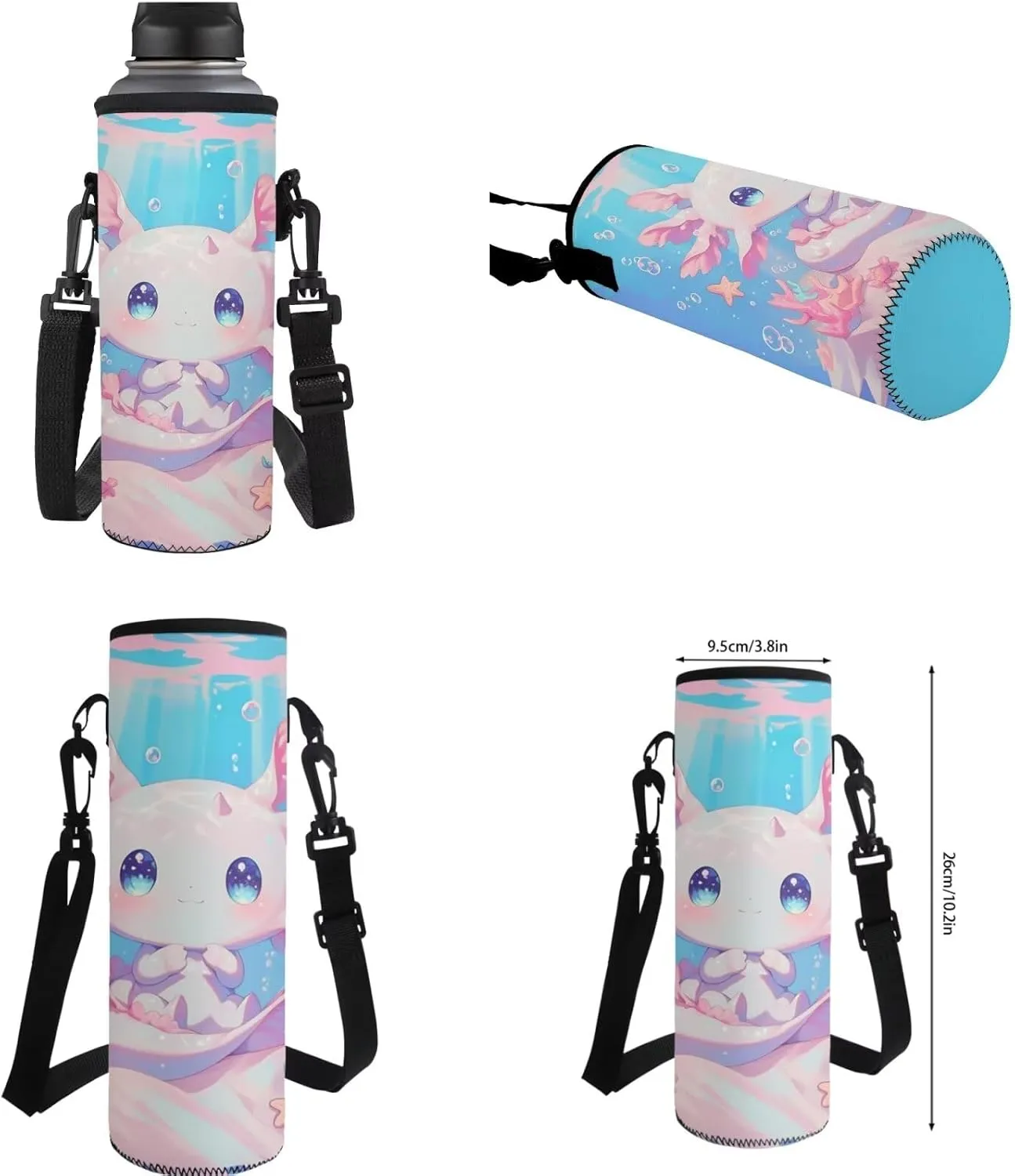 Blue Axolotl Bookbag and Lunch Box for Girls 2nd 3rd Grade Cute Backpack for Kids with Lunchbox Pencil Case Salamander School Bag and Lunch Bag for 6-8 Years Old, Set of 4