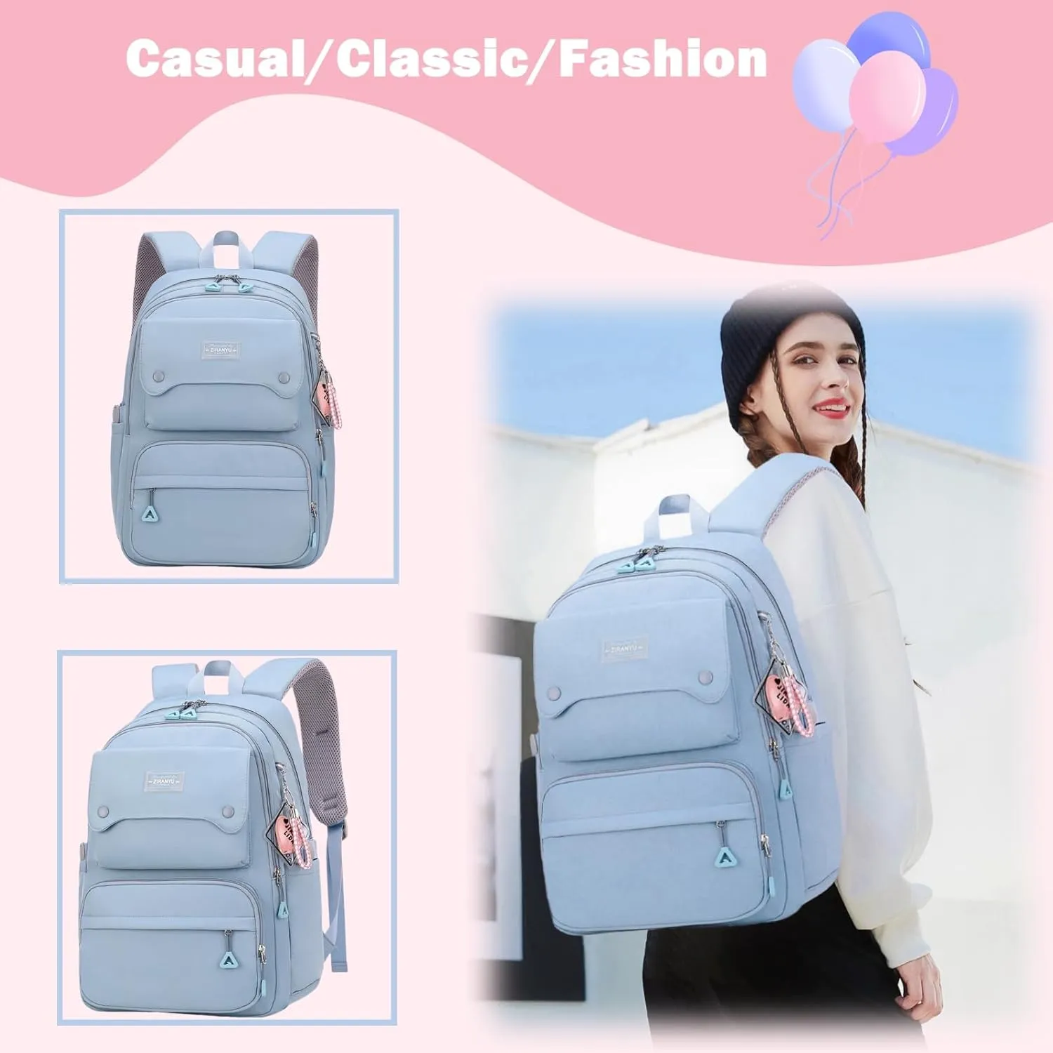 Blue Girls School Backpack,Kids Backpack for Teen Girls Elementary Middle School Bookbag Multi-pocket Fashion Daypack