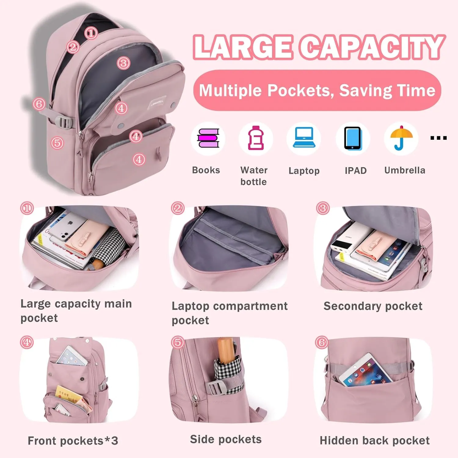 Blue Girls School Backpack,Kids Backpack for Teen Girls Elementary Middle School Bookbag Multi-pocket Fashion Daypack