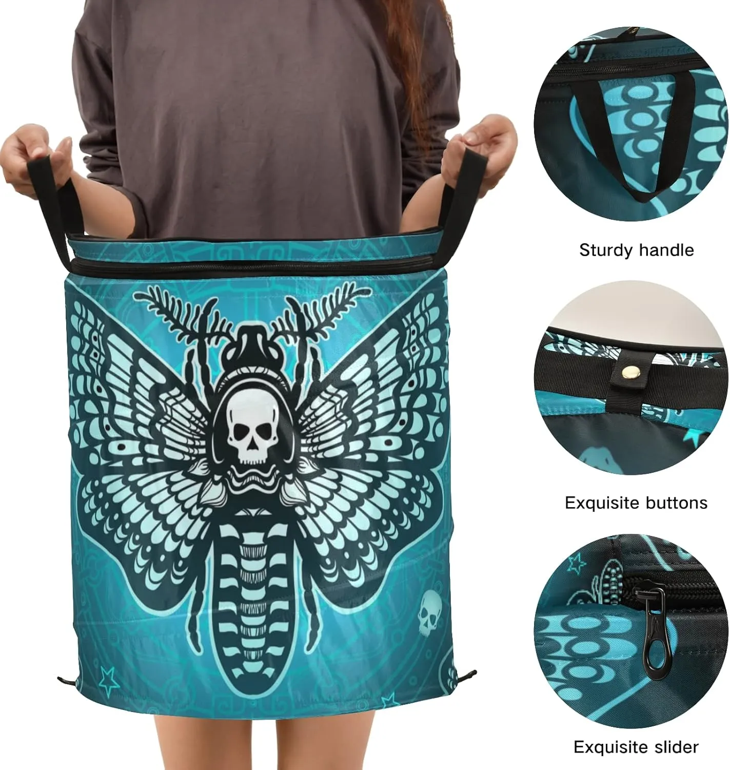Blue Moth Dead Head, Mystical Circle, Skull, Moon, Stars Occultism Pop Up Laundry Hamper, Collapsible Dirty Clothes Basket with Zipper Lid, Storage Bag Washing Bin for Room College Dorm Travel