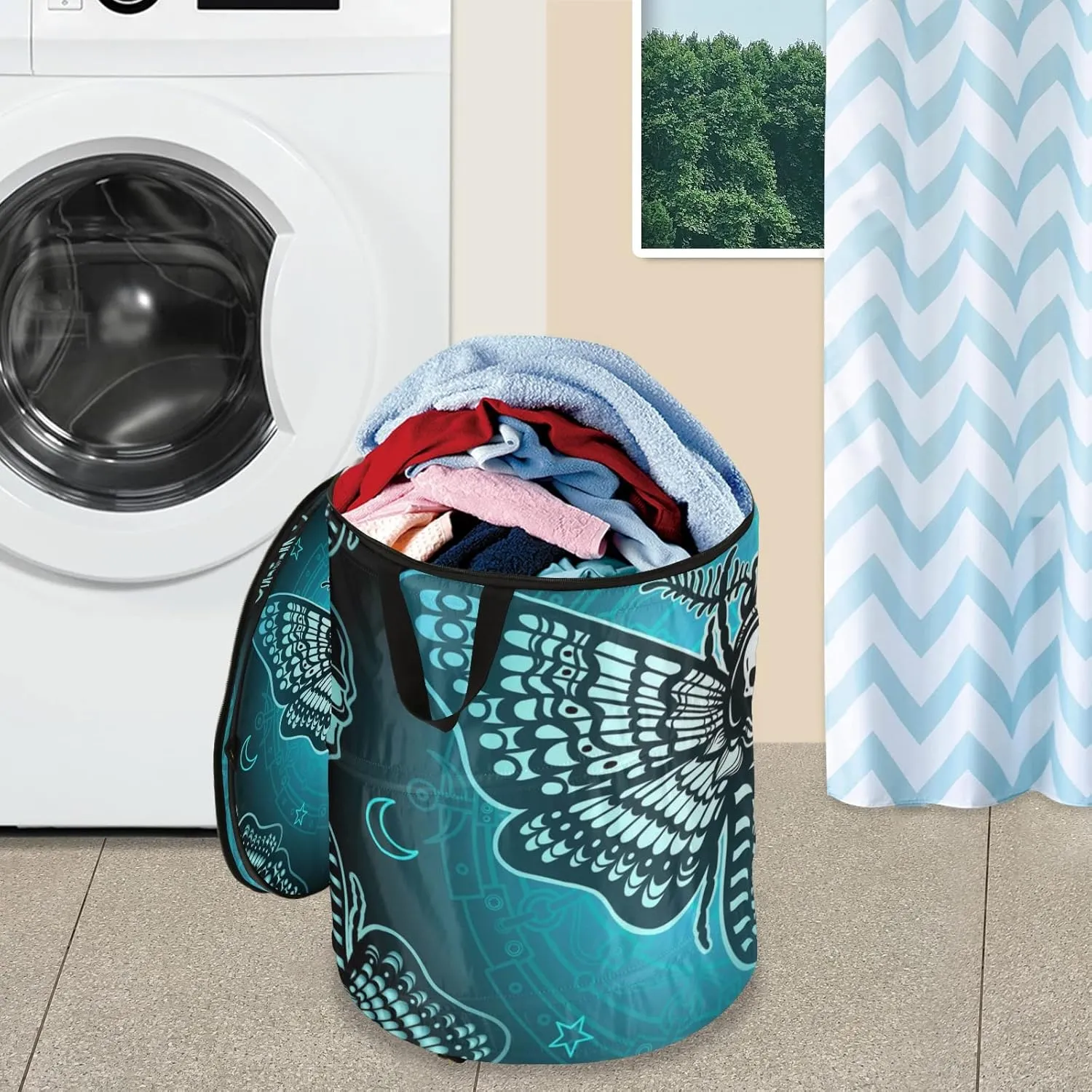Blue Moth Dead Head, Mystical Circle, Skull, Moon, Stars Occultism Pop Up Laundry Hamper, Collapsible Dirty Clothes Basket with Zipper Lid, Storage Bag Washing Bin for Room College Dorm Travel