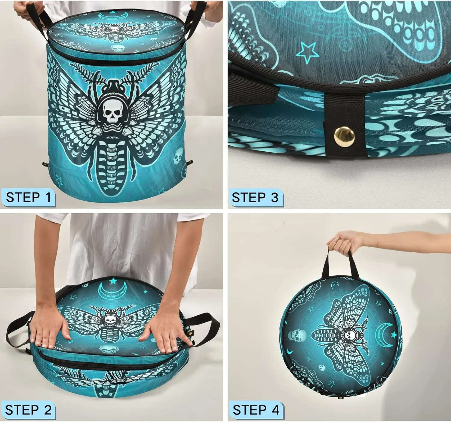 Blue Moth Dead Head, Mystical Circle, Skull, Moon, Stars Occultism Pop Up Laundry Hamper, Collapsible Dirty Clothes Basket with Zipper Lid, Storage Bag Washing Bin for Room College Dorm Travel