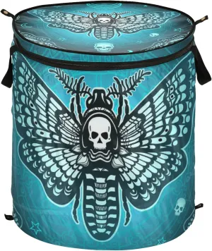 Blue Moth Dead Head, Mystical Circle, Skull, Moon, Stars Occultism Pop Up Laundry Hamper, Collapsible Dirty Clothes Basket with Zipper Lid, Storage Bag Washing Bin for Room College Dorm Travel