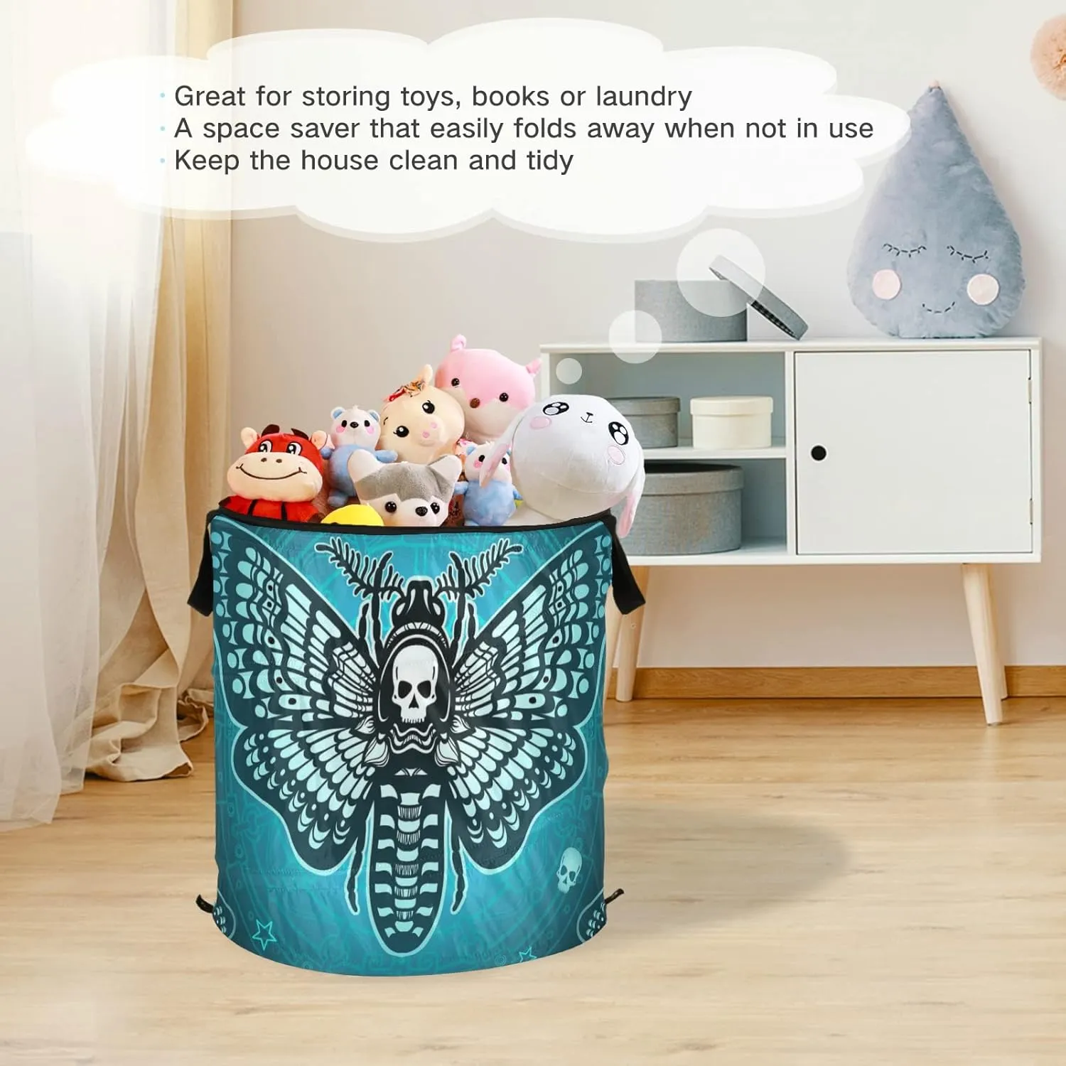 Blue Moth Dead Head, Mystical Circle, Skull, Moon, Stars Occultism Pop Up Laundry Hamper, Collapsible Dirty Clothes Basket with Zipper Lid, Storage Bag Washing Bin for Room College Dorm Travel