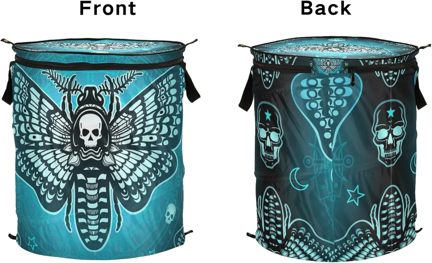 Blue Moth Dead Head, Mystical Circle, Skull, Moon, Stars Occultism Pop Up Laundry Hamper, Collapsible Dirty Clothes Basket with Zipper Lid, Storage Bag Washing Bin for Room College Dorm Travel