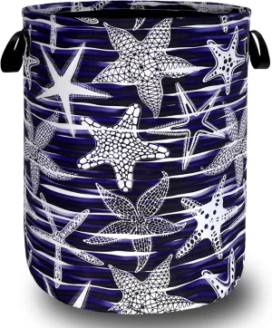 Blue Starfish Printed Laundry Basket Sea Beach Theme Funny Laundry Hamper Foldable Oxford Cloth Ocean Tote Bag Clothe Toy Storage Bucket 18.9"x16.5" For Bathroom/Laundry Storage/Bedroom