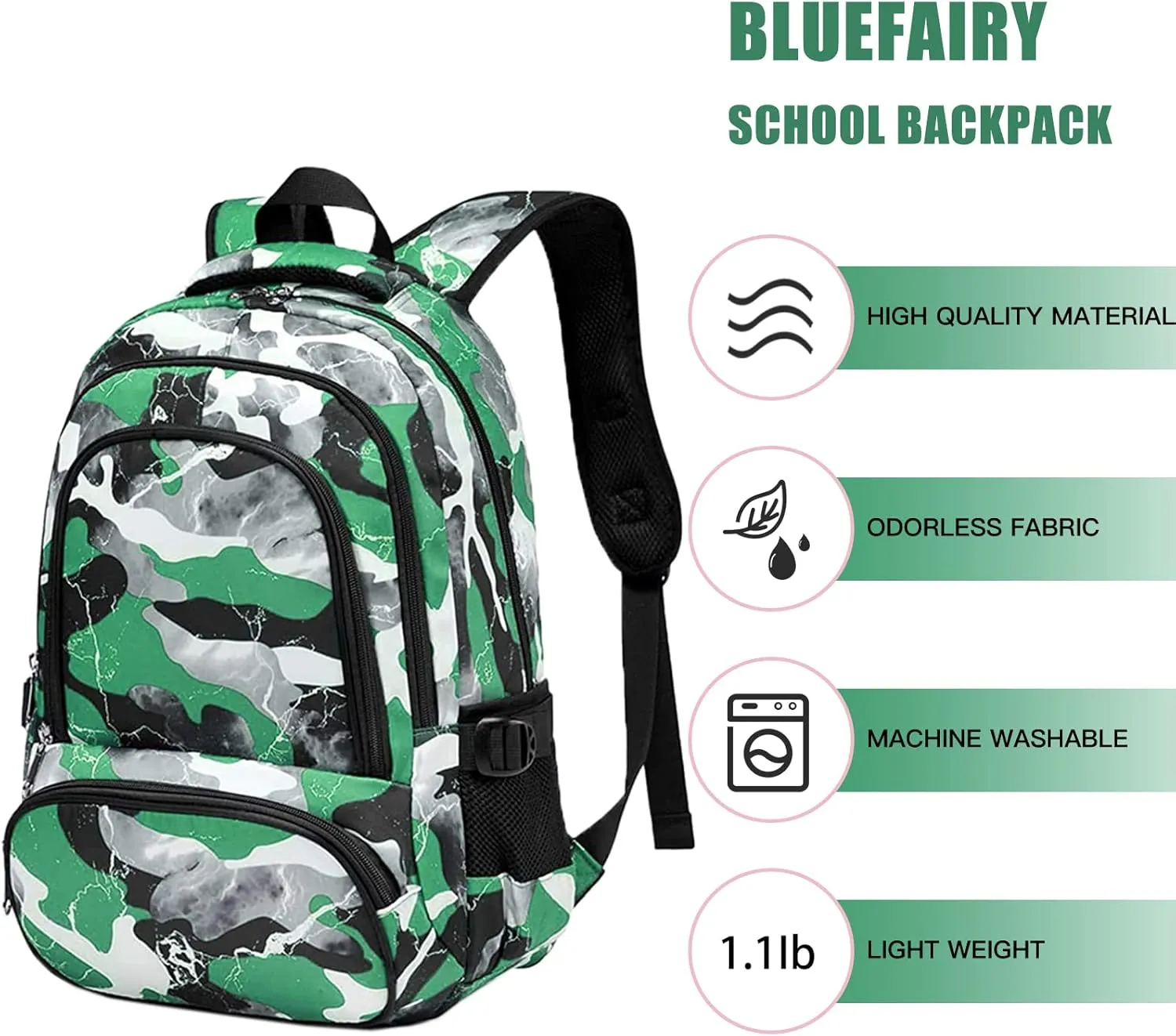 BLUEFAIRY Kids Backpack for Boys and Girls Elementary School Bags Primary Middle School Bookbags for Teens Back to School Gifts for Son 17" Mochila Escolares para Niños de 8 9 10 Camo Green