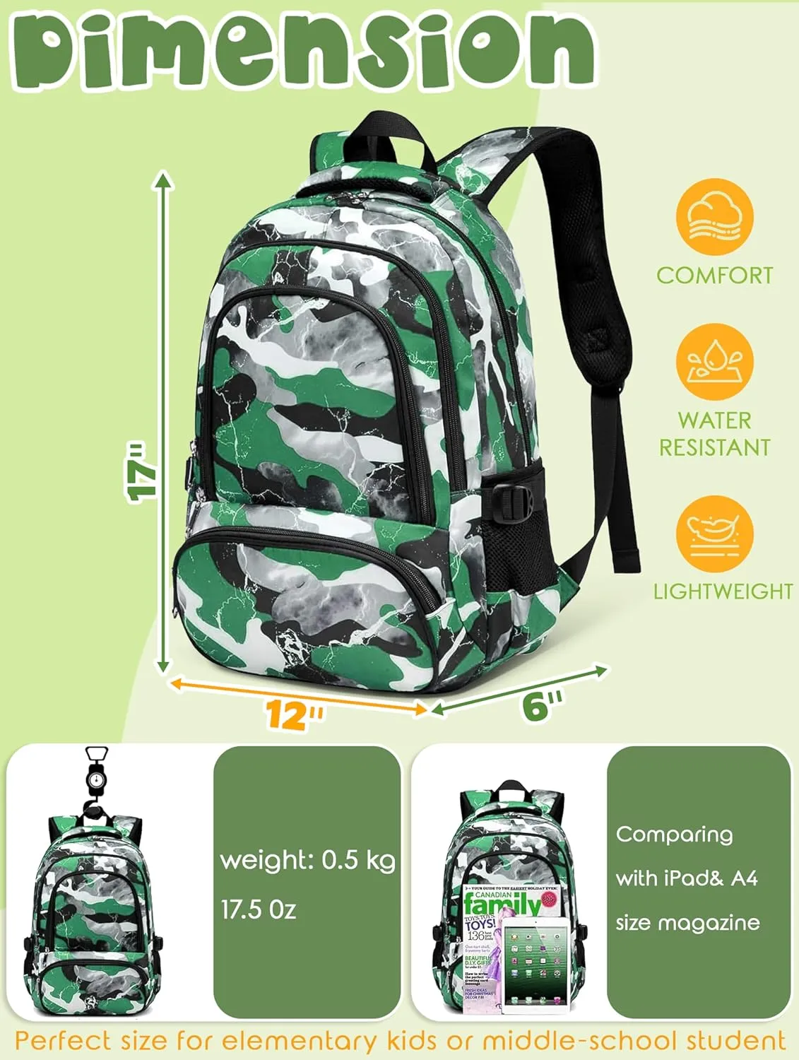 BLUEFAIRY Kids Backpack for Boys and Girls Elementary School Bags Primary Middle School Bookbags for Teens Back to School Gifts for Son 17" Mochila Escolares para Niños de 8 9 10 Camo Green